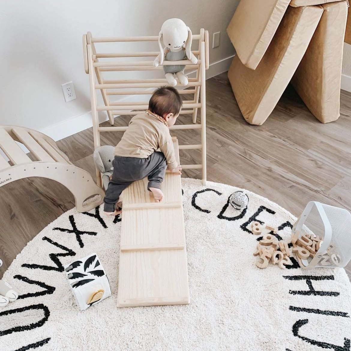 Lorena Canals Alfombra Lavable ABC para habitación infantil o dormitorio en natural/negro. Hecho a mano en forma redonda con algodón y tintes no tóxicos - Ø150cm