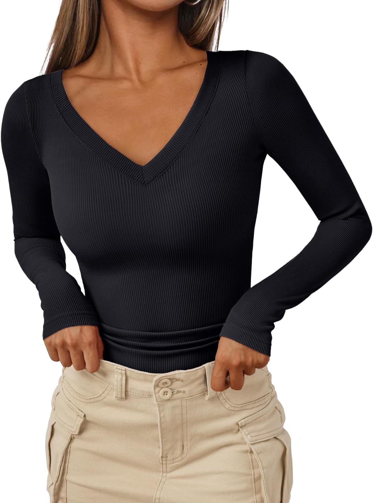 AUTOMETWomens Long Sleeve Shirts Fall Outfits Fashion Tops V Neck Ribbed Basic Casual Clothes Winter UnderscrubOEKO-TEX STANDARD 100
