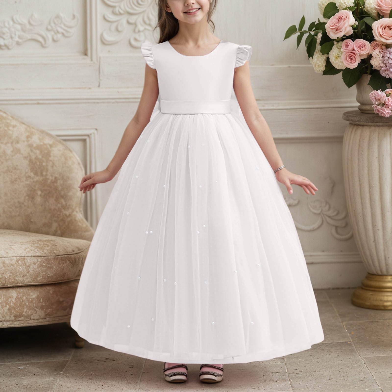 Elegante Vestido Formal Largo para niñas con Lazo y Cuentas para Fiesta de cumpleaños o Desfile, de Lino, Suave y Bordado, Ideal para Verano, Moda 2025 Acampanado