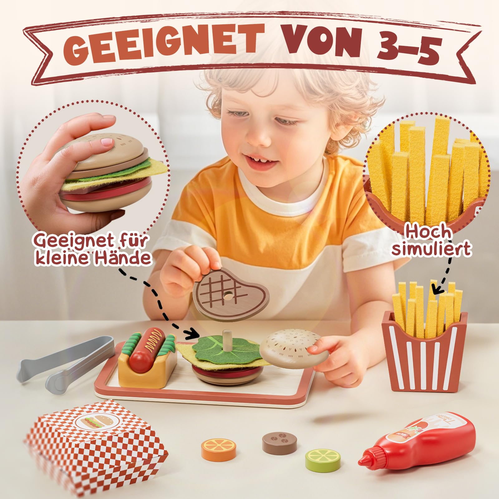 Lehoo Castle Kinderküche Zubehör, kaufladen Zubehör Holz, Kaufmannsladen Zubehör, Spielen Sie Hamburger Shop, Mädchen Geschenke 3 Jahre, Spielküche Zubehör Spielzeug ab 3 Jahre
