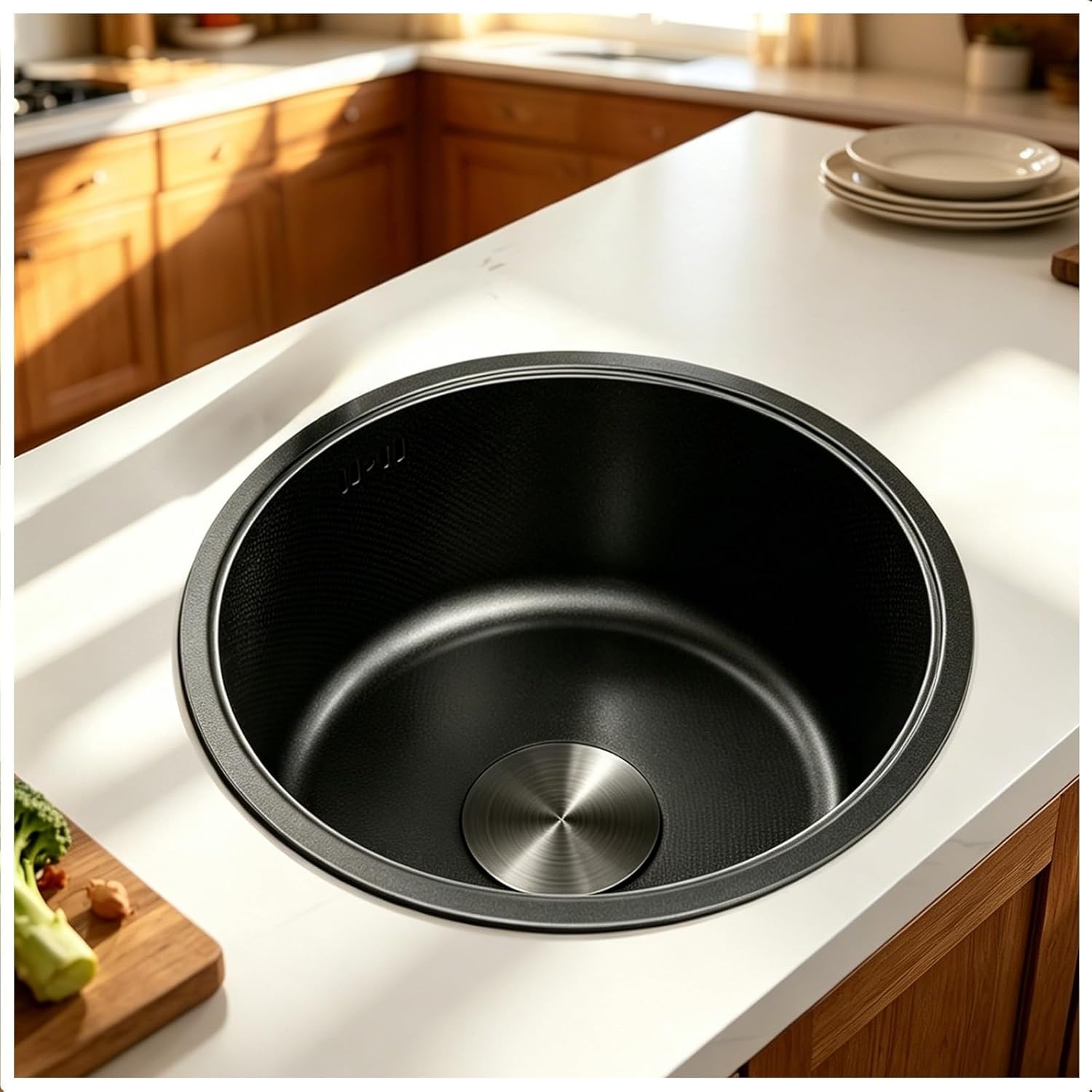 Round Bar Sink Stainless Steel, Small Prep For Kitchen Island, Drop In Compact Single Bowl With Drain Cover, Modern For Wet RV Apartment Outdoor(Black-Gray#1,36cm)