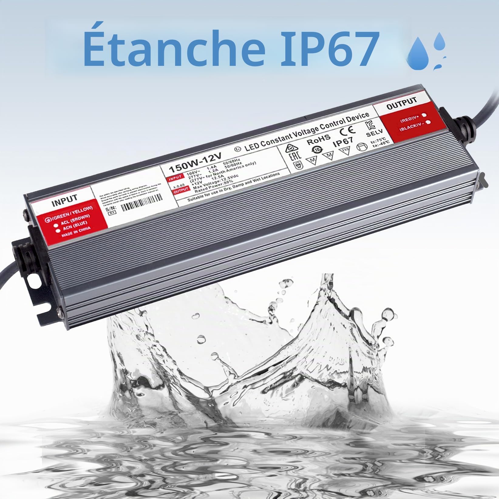 Transformateur 220V 12V LED Driver 150W Etanche IP67 Extérieur Transfo 12,5Adaptateur Alimentation,220V AC à 12V DC Convertisseur,d'alimentation Basse Tension Transfo LED de Tension Constante
