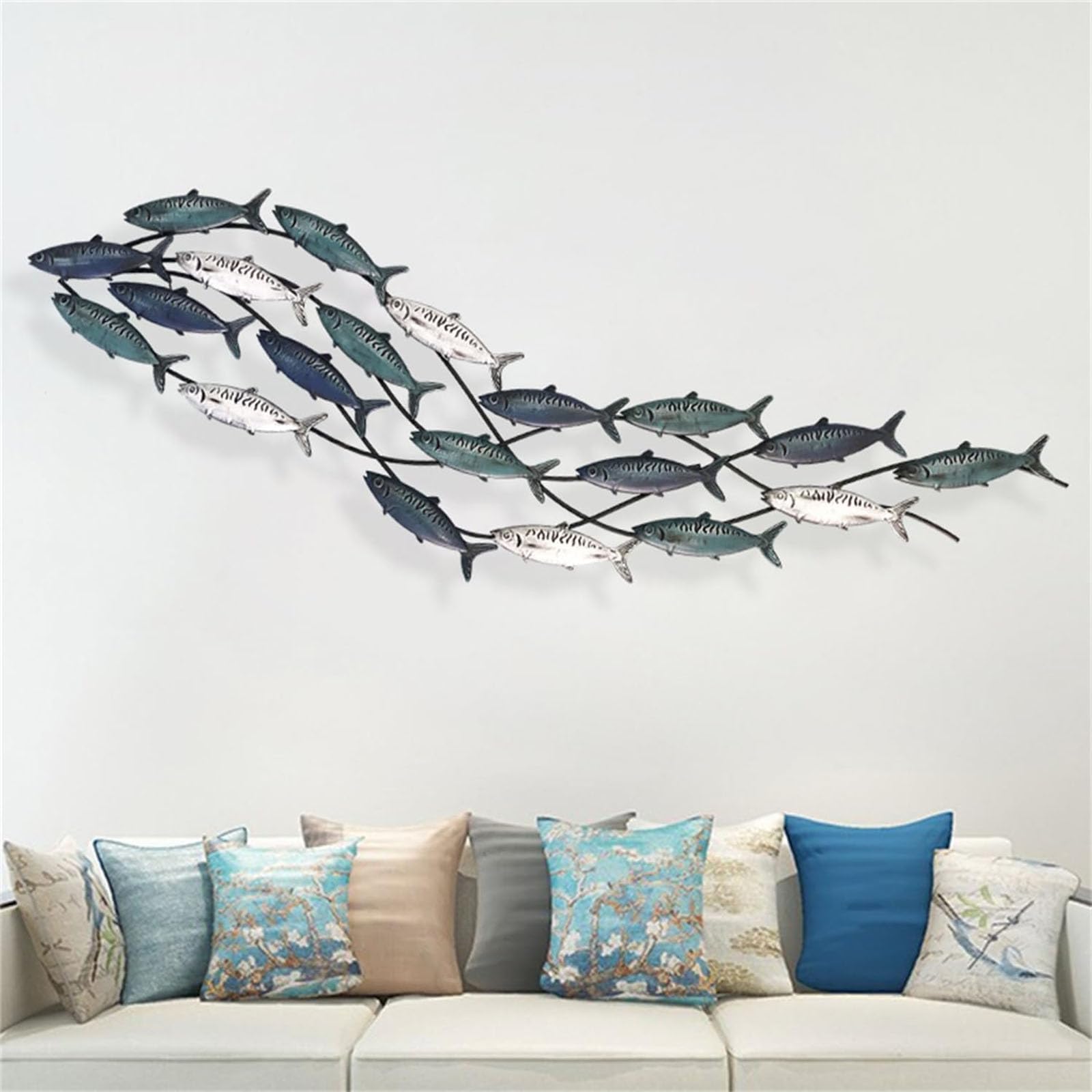 ZWESKUX Coastal Metal Fish Wall Decor, Large Nautical School of 20 Fish Art, 3D Wall Sculpture, Metallic Art Decoration
