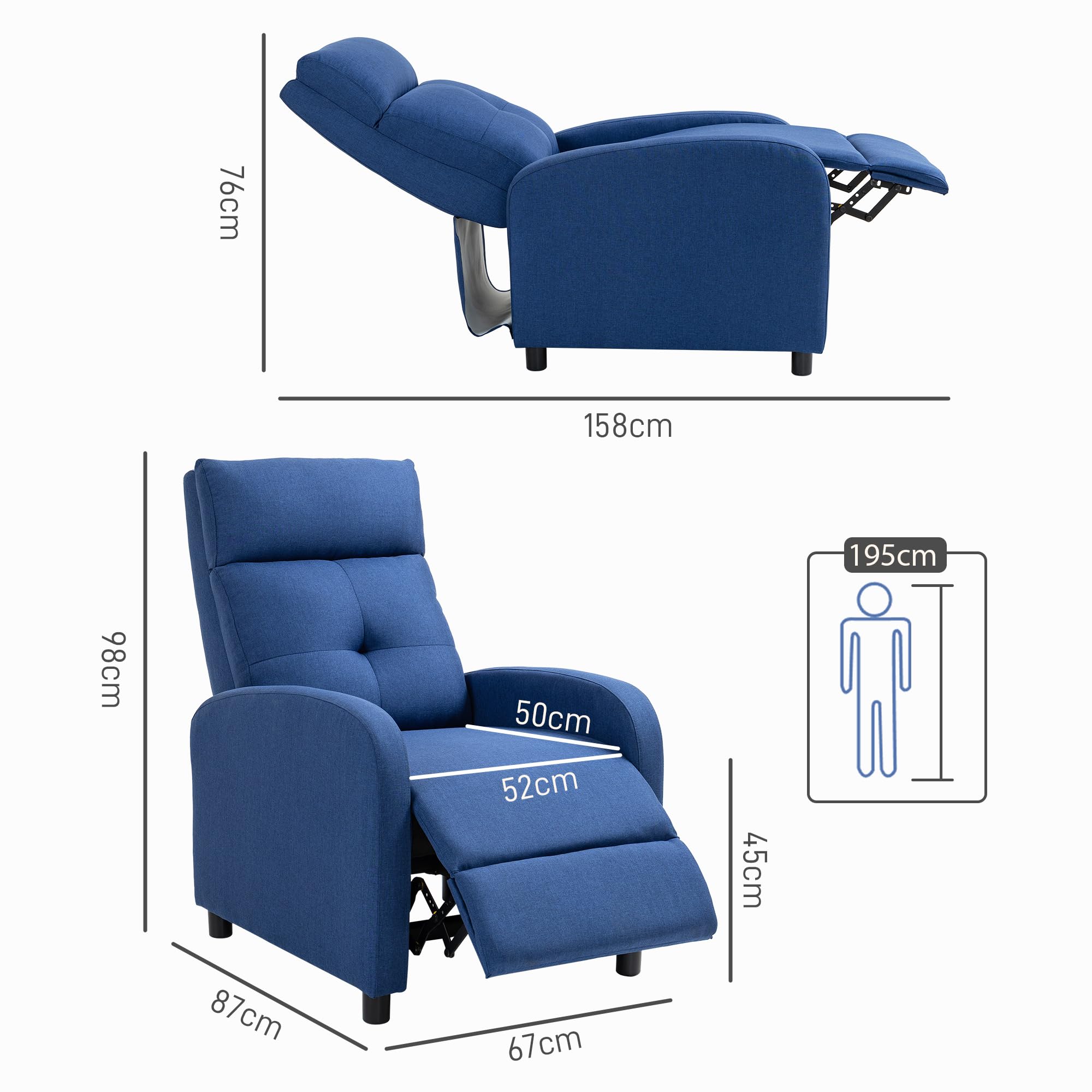 HOMCOM Sillón Relax Reclinable Manual, Sillón Relax de Lino con Apertura Push, Reposapiés, Respaldo Alto, Acolchado Grueso, Butaca Reclinable hasta 155º para Salón, Dormitorio, Oficina, Azul