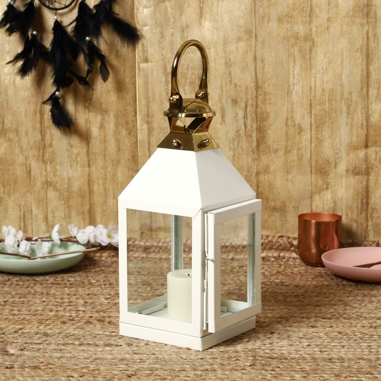 OPAXA LIVING - Metal White Toughened Glass Candle Lantern Handcrafted for Home Decor Items | Candles for Home Decoration | Candle Lantern for Home Decor | (White) (Medium) (14x14x43 CM) (Pack of 1)