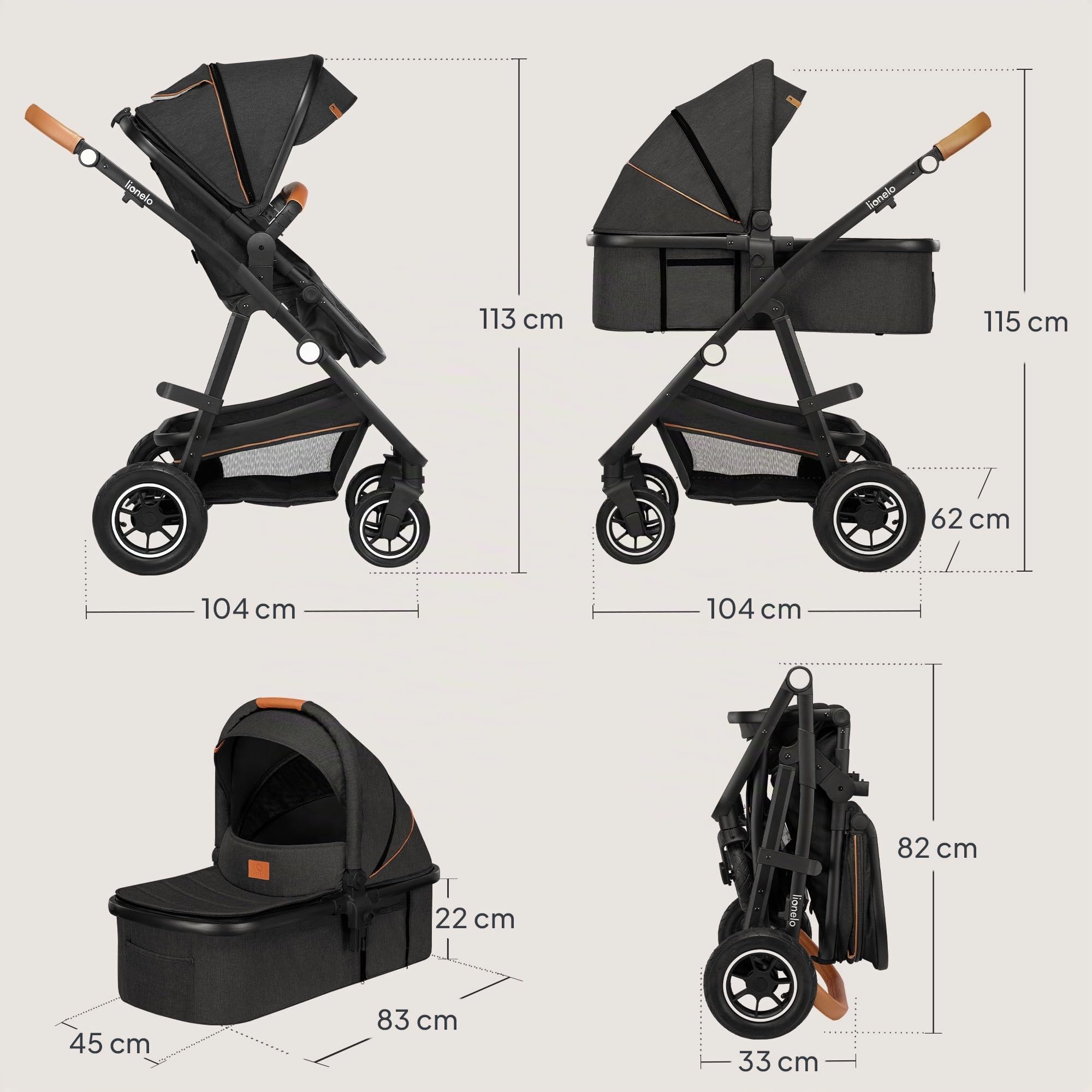 LIONELO Amber Coche de bebé multifuncional 2 en 1 Conjunto silla de paseo con el Asiento de Cubo e Capazo Manillar regulable Bolsa Mosquitero Protector de lluvia