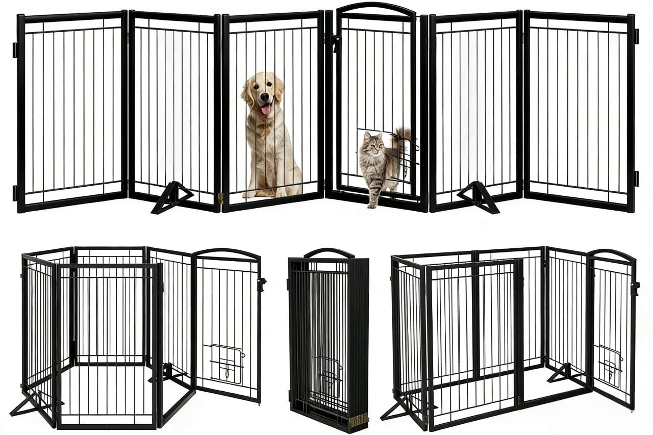 Metal Free Standing Dog Gate with Cat Door for Indoor/Outdoor,120" Extra Wide Foldable Pet Gate,32" Tall Foldable Indoor Dog Fence for Large Openings