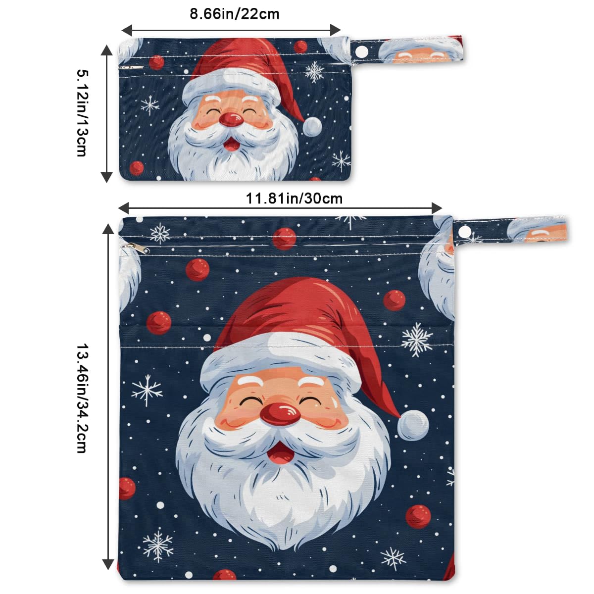 2pcs Cloth Diaper Wet Dry Bag with Two Zipper Pocket Waterproof Storage Bag Travel Laundry Bags, Beach, Pool, Breast Pump Parts, Gym Bag for Swimsuits & Wet Clothes for Baby (Santa Claus Smiling)
