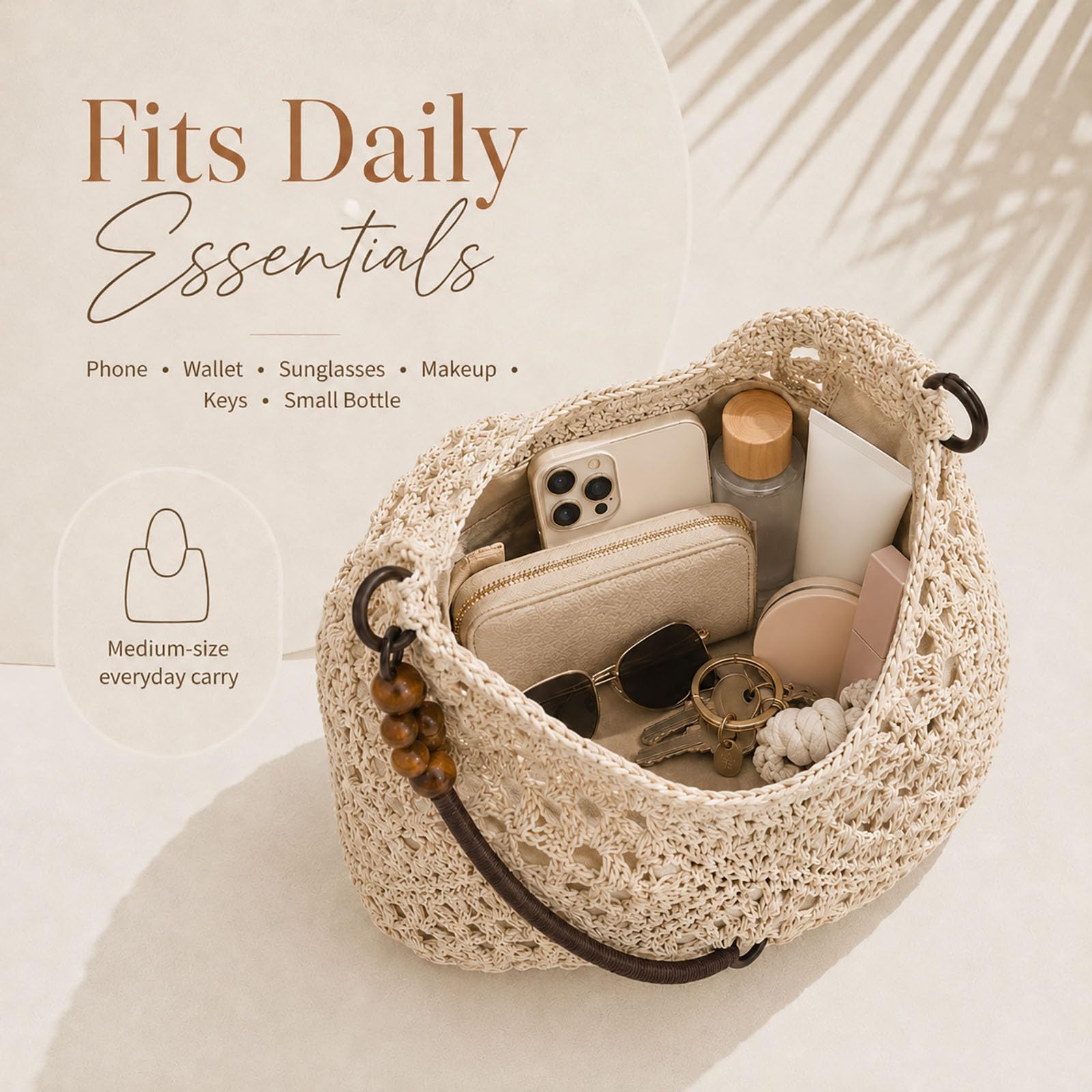 Straw Bags for Women 2026, Crochet Woven Beach Tote Bag with Wooden Beads, Boho Shoulder Purse for Summer Vacation Travel