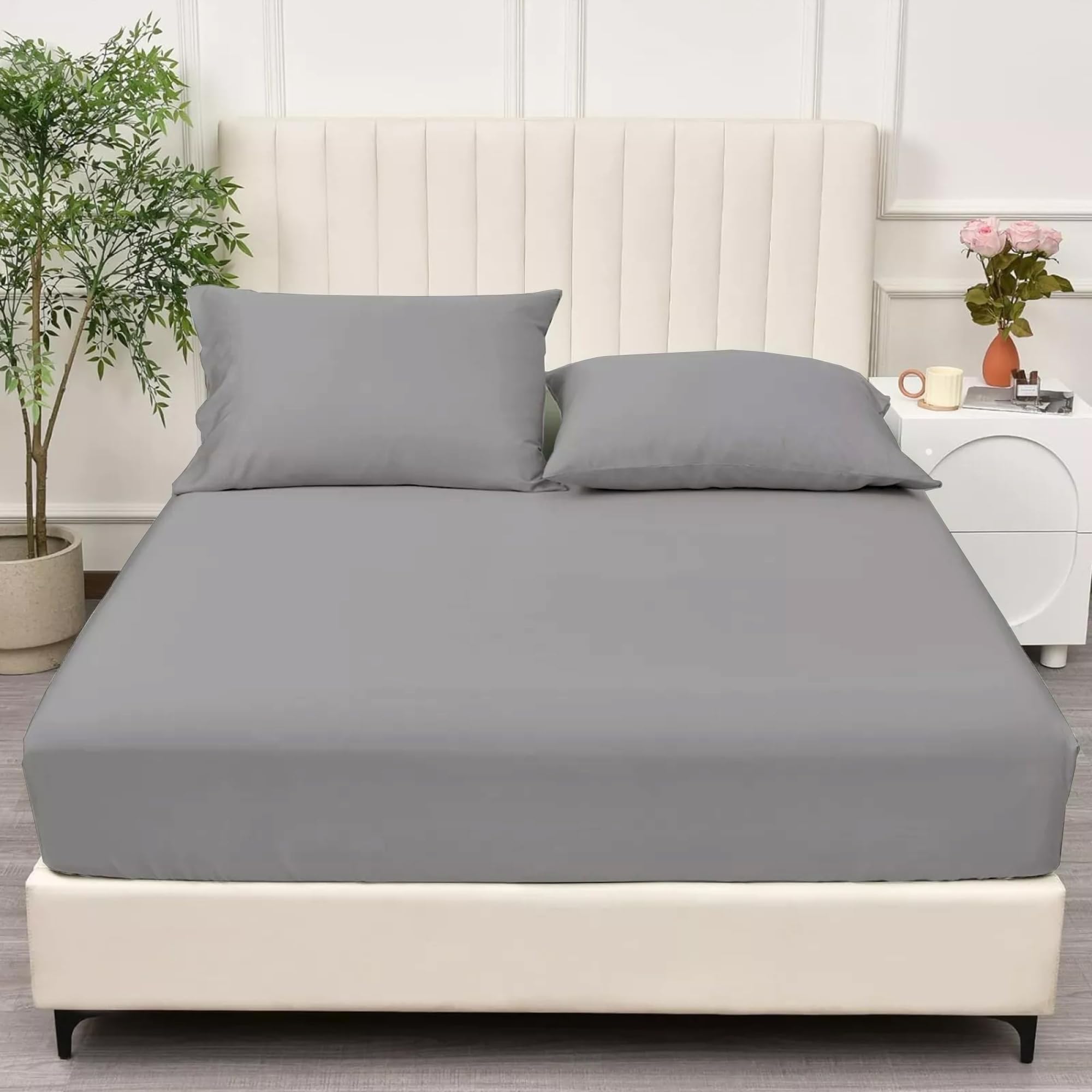 Grey Single Fitted Sheet Cotton, Single Bed Sheets, Single Mattress Fitted Sheet, Easy Care, Super Soft Cozy and Breathable Deep Fitted Bed Sheet (190cm X 90cm, Grey)