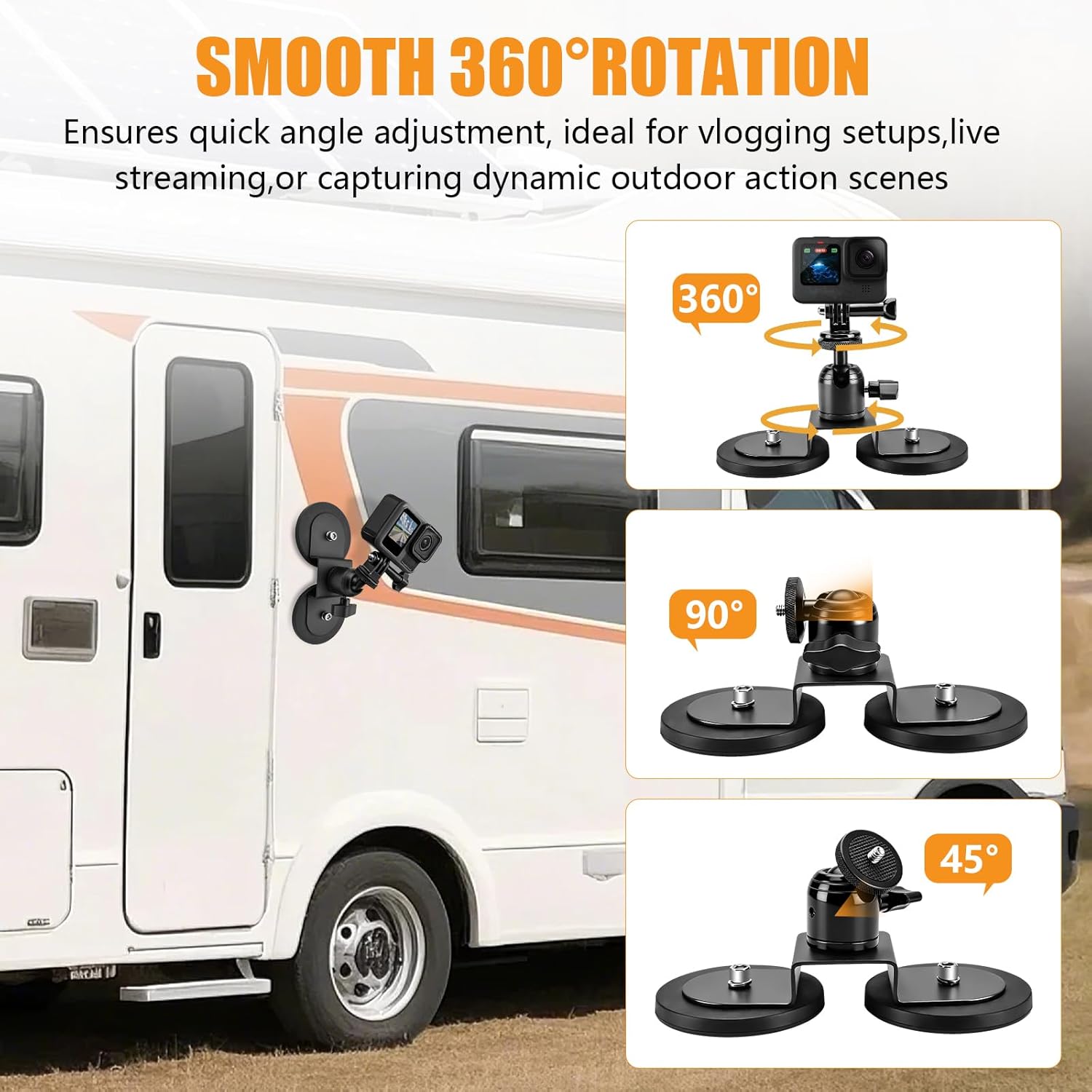 Chelhead Heavy-Duty Magnetic Camera Mount with 2 Base Metal Car Magnetic Camera Mount with 360°Rotation Compatible with GoPro Hero, DJI, Insta360, Sjcam Action Cameras
