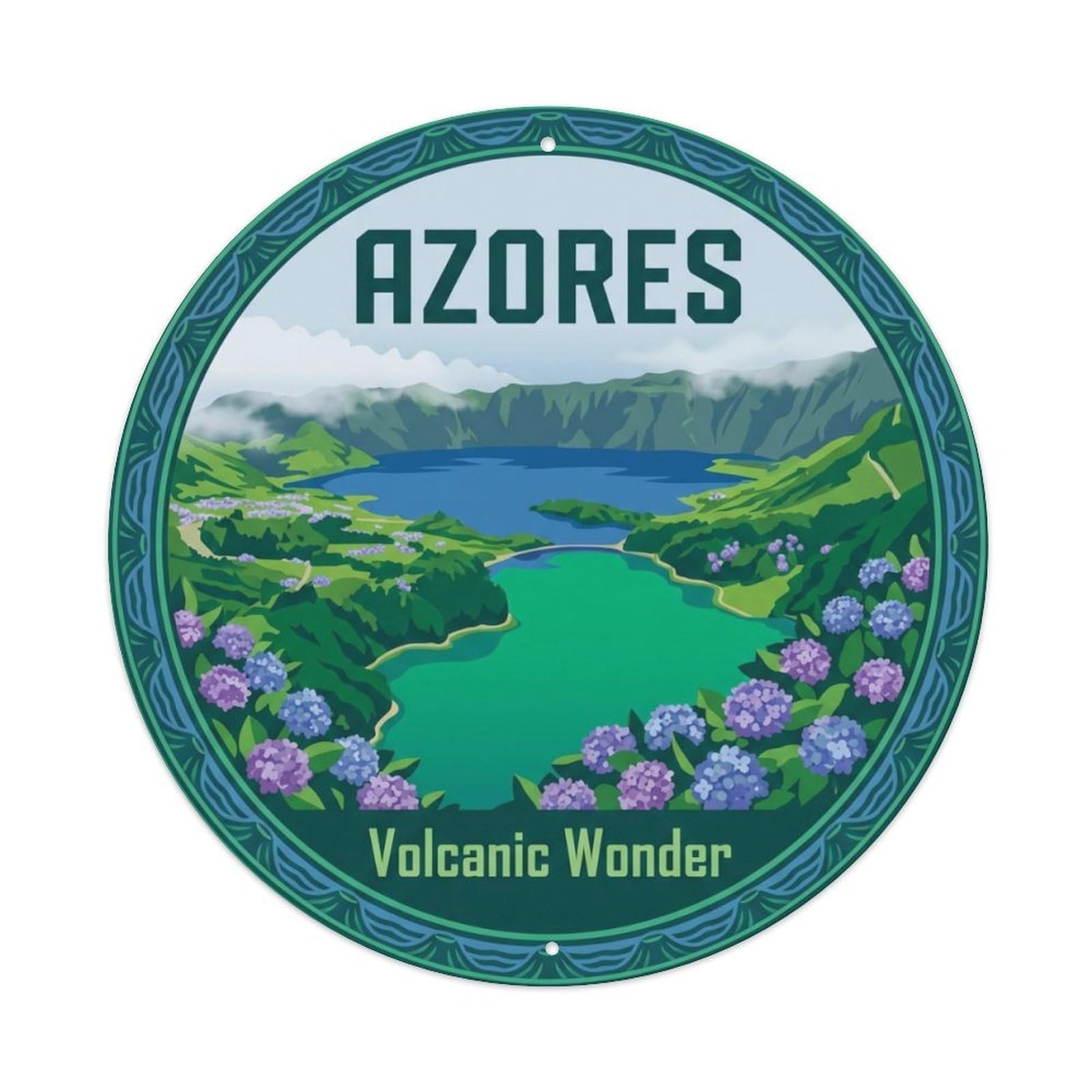 Vintage Travel Azores Volcanic Lake Metal Tin Sign Plaque Wall Decor for Cafe, Club Bar, Office, Home Garden Round Metal Poster 8x8Inch