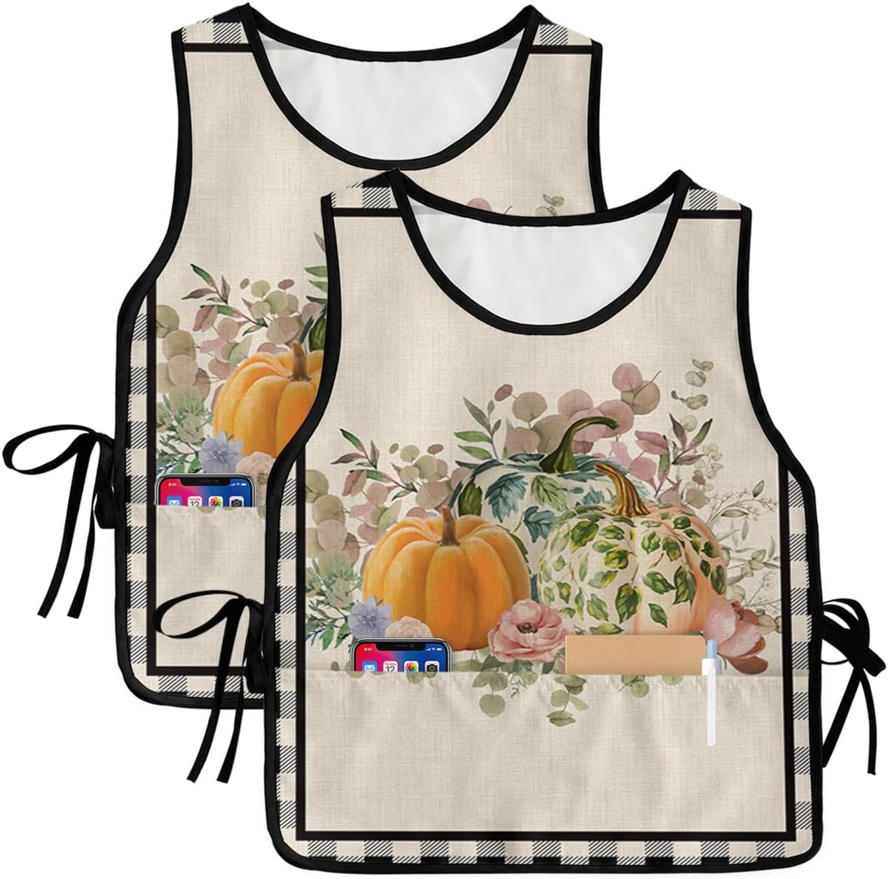 Unisex Cobbler Apron with 2 Pockets, Thanksgiving Printed Watercolor Pumpkin Black Plaid Waterproof Vest Kitchen Chef Apron, Smock Apron Vest Cobbler Aprons for Women Men, 2 Pack, 20” x 27.5”