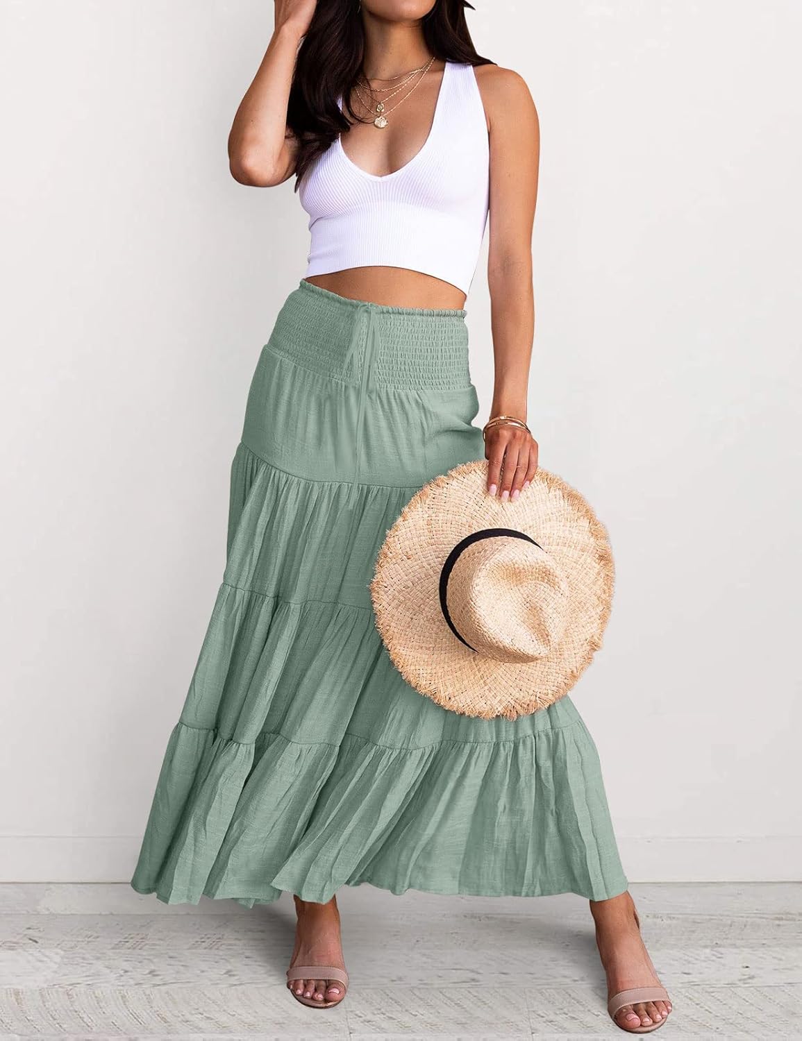 HAEOF Women's Summer Flowy Boho Maxi Skirt Trendy Smocked Waist Ruffle Tiered A Line Casual Beach Long Skirts Midi Dress - Image 2