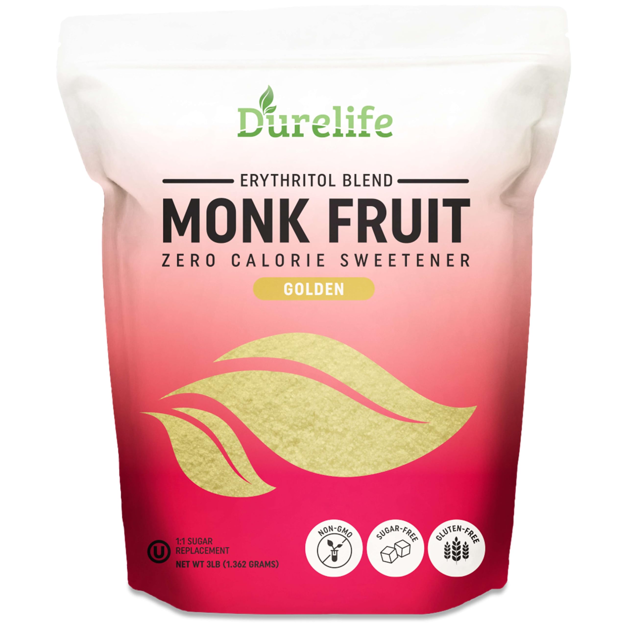 DureLifeGolden Monk Fruit Sweetener, 1:1 Sugar Replacement, Keto Diet Friendly, Zero Calorie, Kosher Sugar Substitute, Golden - 3 lb (Packaging May Vary)