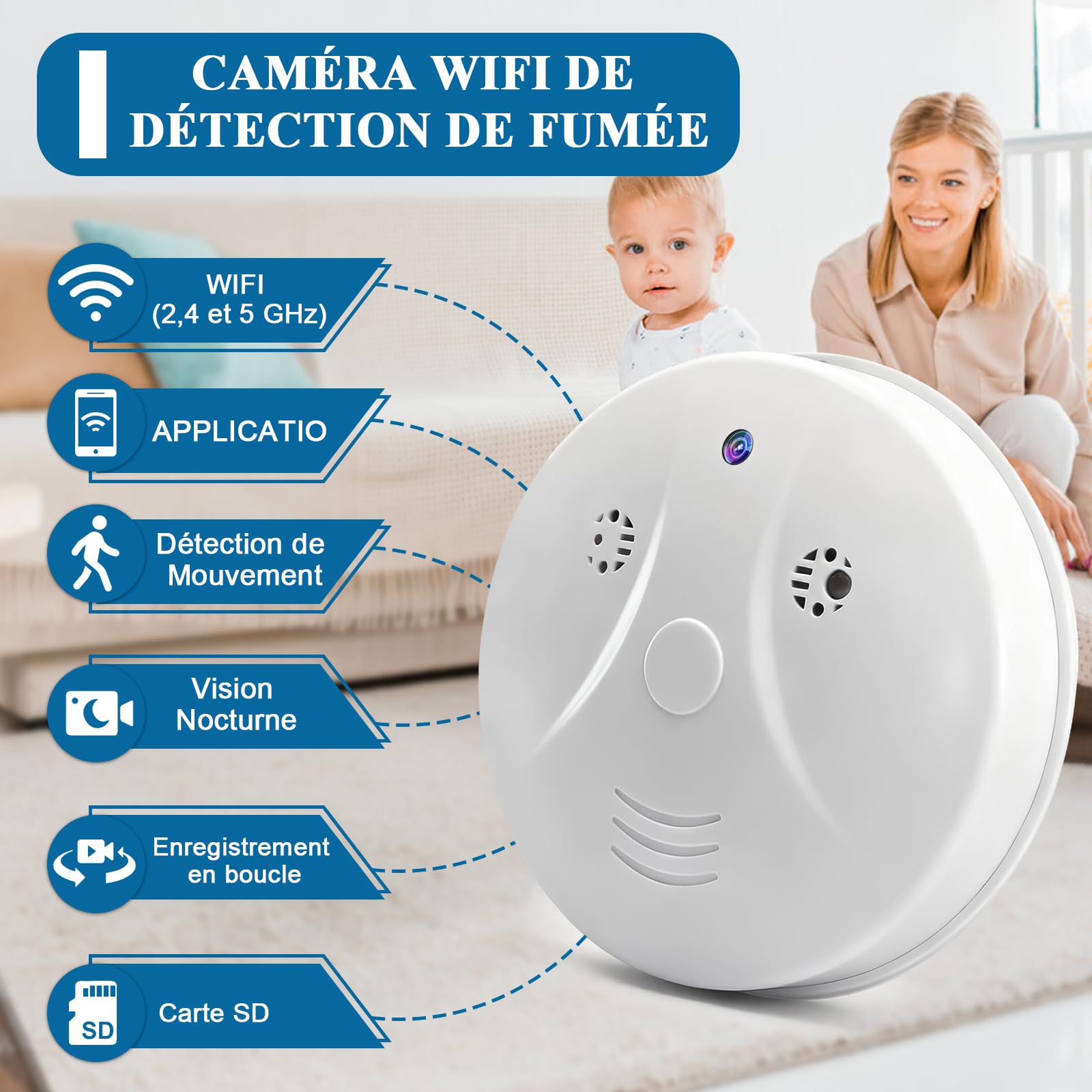 Caméra Cachée WiFi 2,4 et 5G, Caméra Espion WiFi Détecteur de Fumée, Mini Camera Espion Cachée HD 1080P avec Vision Nocturne et Détection de Mouvement pour la Sécurité Domestique