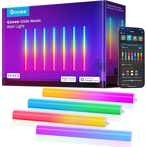 Govee Glide RGBIC Wall Lights, Music Wall Lights Works with Alexa and Google Assistant, Smart LED Light Bars for Bedroom, Living Room, Gaming Room, Party, Music Sync, 7 Panels Set (2 Sections/Panel) - 14 Pcs
