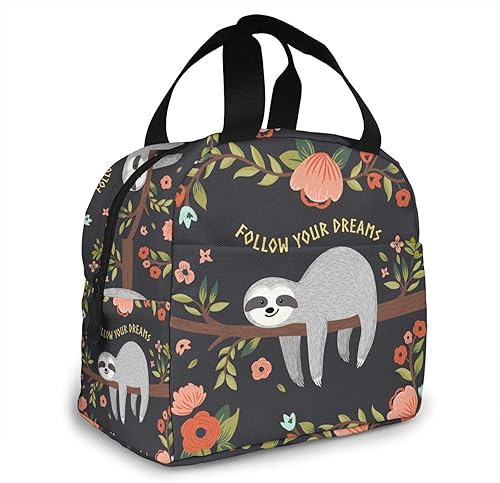 Lindo perezoso en el árbol portátil aislado bolsa de almuerzo reutilizable para hombres, mujeres y niños