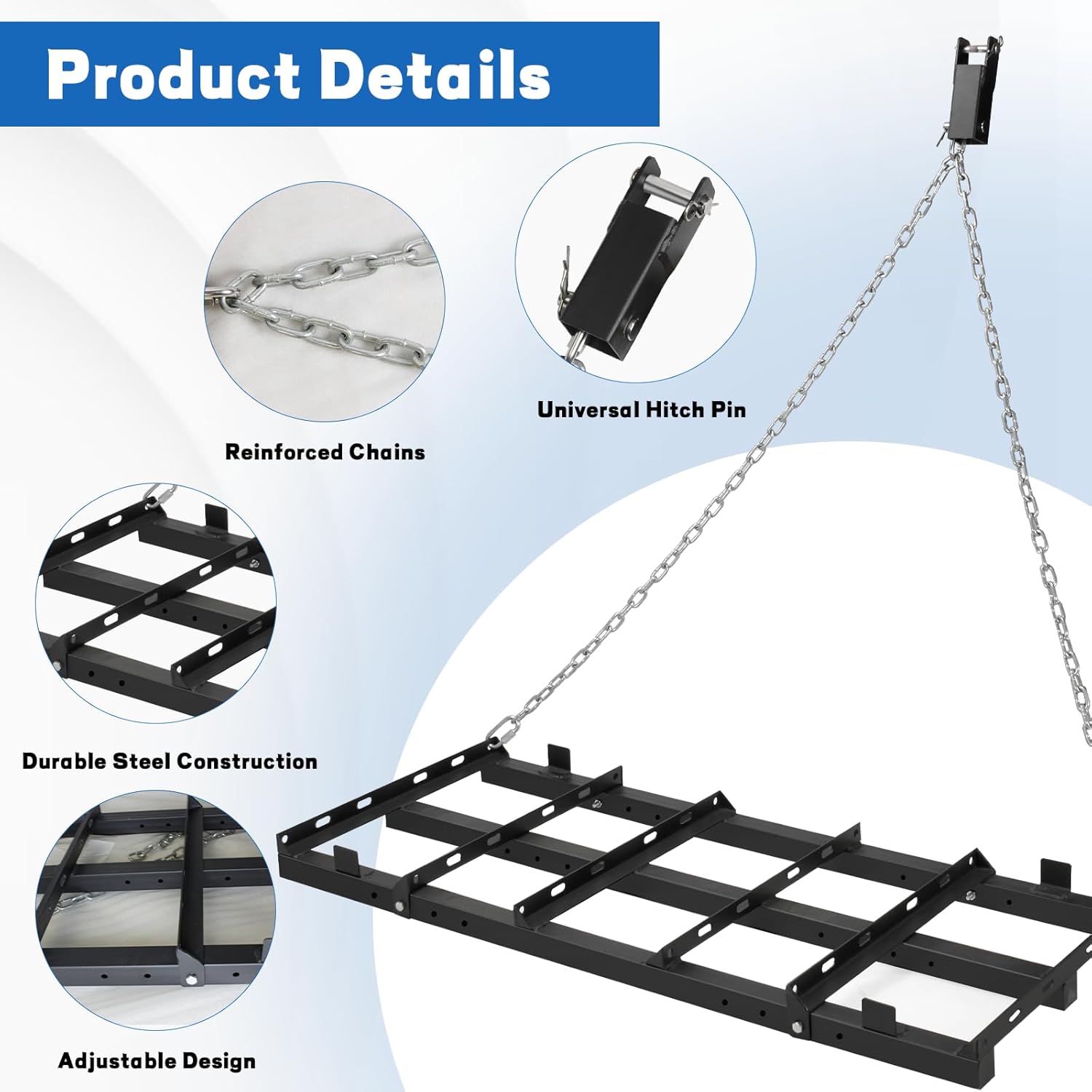 4 FT Drag Harrow Driveway Drag, Tow Behind Lawn Rake for Land Leveling,Heavy Duty Driveway Grader, Power Rake for Gravel, Soil, Hay