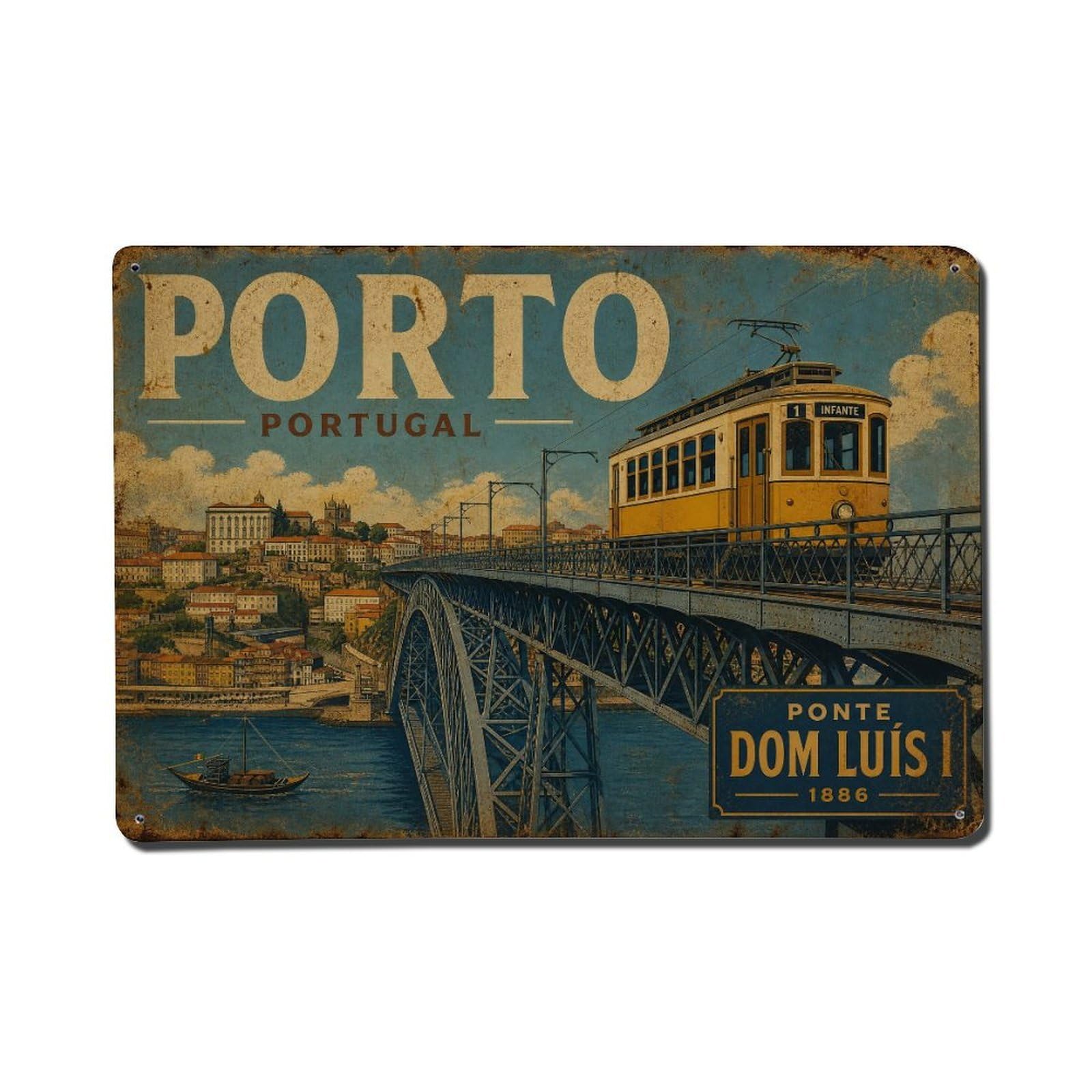 Vintage Travel Dom Luis Bridge Tram Crossing Upper Deck Metal Tin Sign