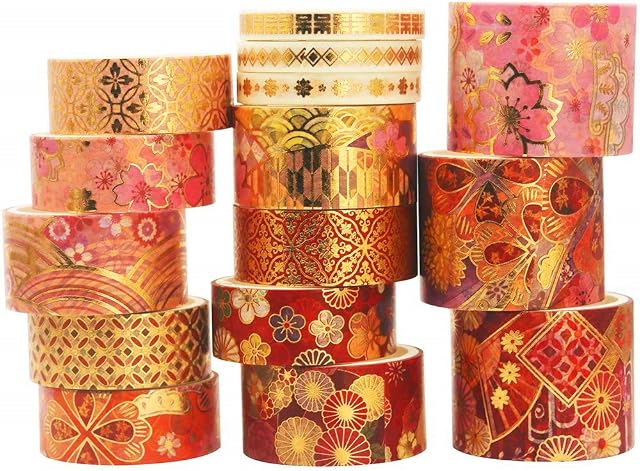 YUBX Splendid Gold Washi Tape Set Embroidery Pattern Foil Decorative Tapes for Arts, DIY Crafts, Bullet Journal Supplies, Planners, Scrapbook, Card/Gift Wrapping 15 Rolls (Fierce Flowers)