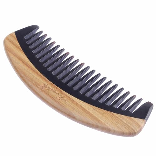 Miniatura 3 de Peine para el cabello, peine desenredante de madera de dientes anchos para cabello rizado, sin estática, peine de cuerno de búfalo de sándalo para