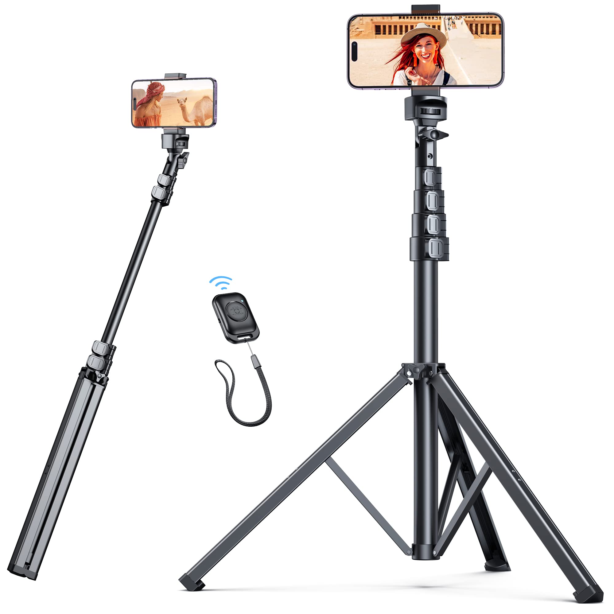 PINERFTR Tripod for iPhone, 67" iPhone Tripod Stand with Remote, Lightest Aluminum Travel Tripod for Cell Phone, New for 2023 Gift Phone Tripod Compatible with iPhone 14 Pro Max 13 12, Samsung