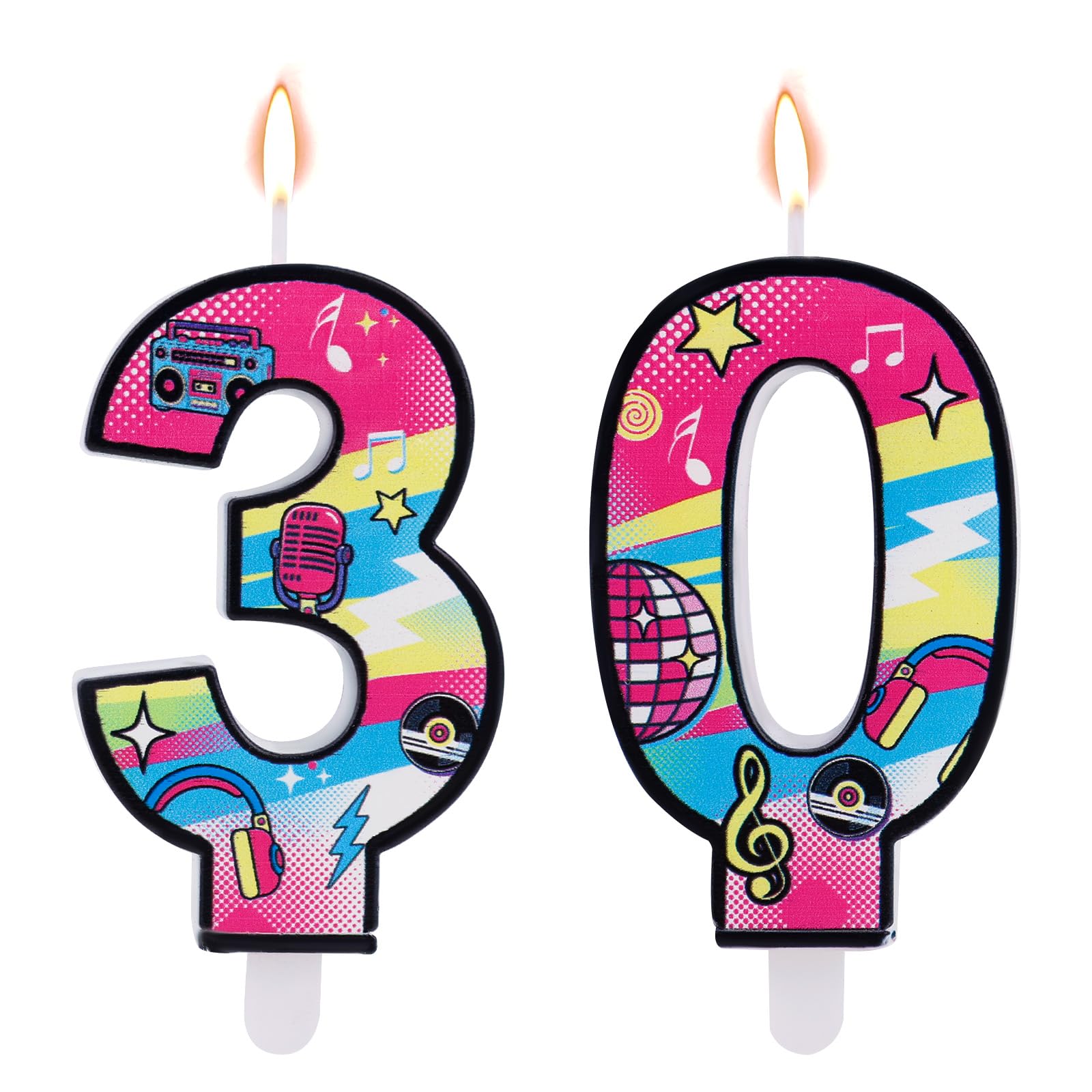 Goktvai 2pcs Birthday Candles, Colorful Retro-Themed Number Candle Cool Vintage Theme Party Decoration Supplies Suitable for Birthday & Anniversary Cake Decoration (style 30)
