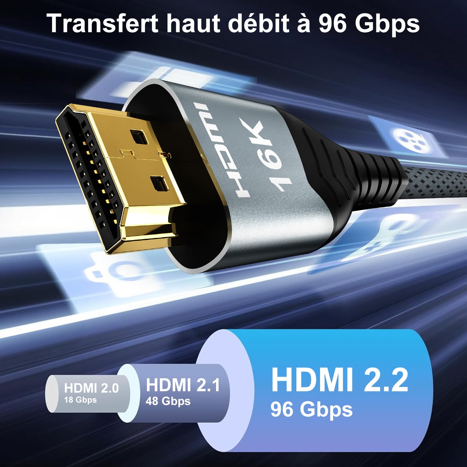 Câble HDMI 2.2 2m – 96Gbps Ultra Rapide Cable HDMI– Supporte 16K 60Hz, 8K 240Hz, 4K 480Hz – eARC, Dolby Vision & Atmos – Idéal pour PS5, Blu-ray, Projecteur, 4K/8K TV