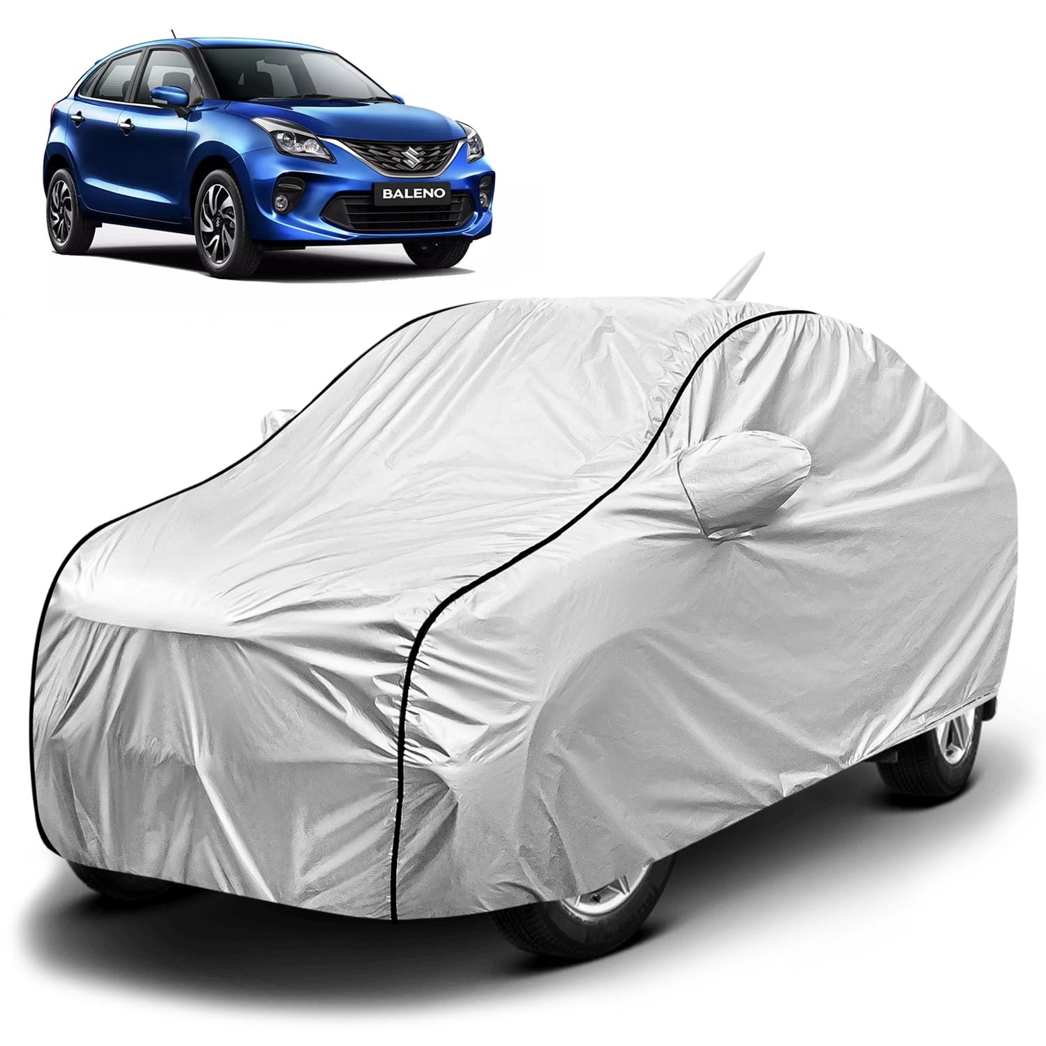 FABTEC Waterproof Non Peel Metallic Silver Car Body Cover for Maruti Baleno with Mirror Antenna Pocket and Soft Cotton Lining (6 Month No Peel Warranty)