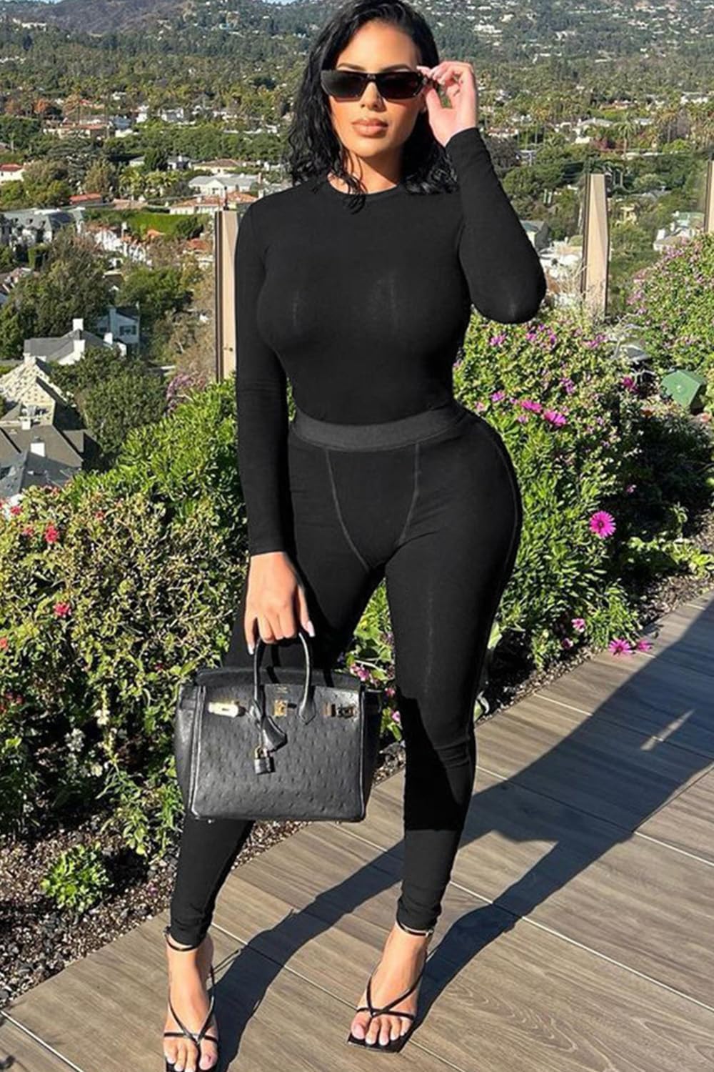 LICOBOD XS-3XL Women's 2 Piece Outfits Ribbed Long Sleeve Set Fitted T-shirt High Waist Elastic Leggins Casual Matching - Image 3