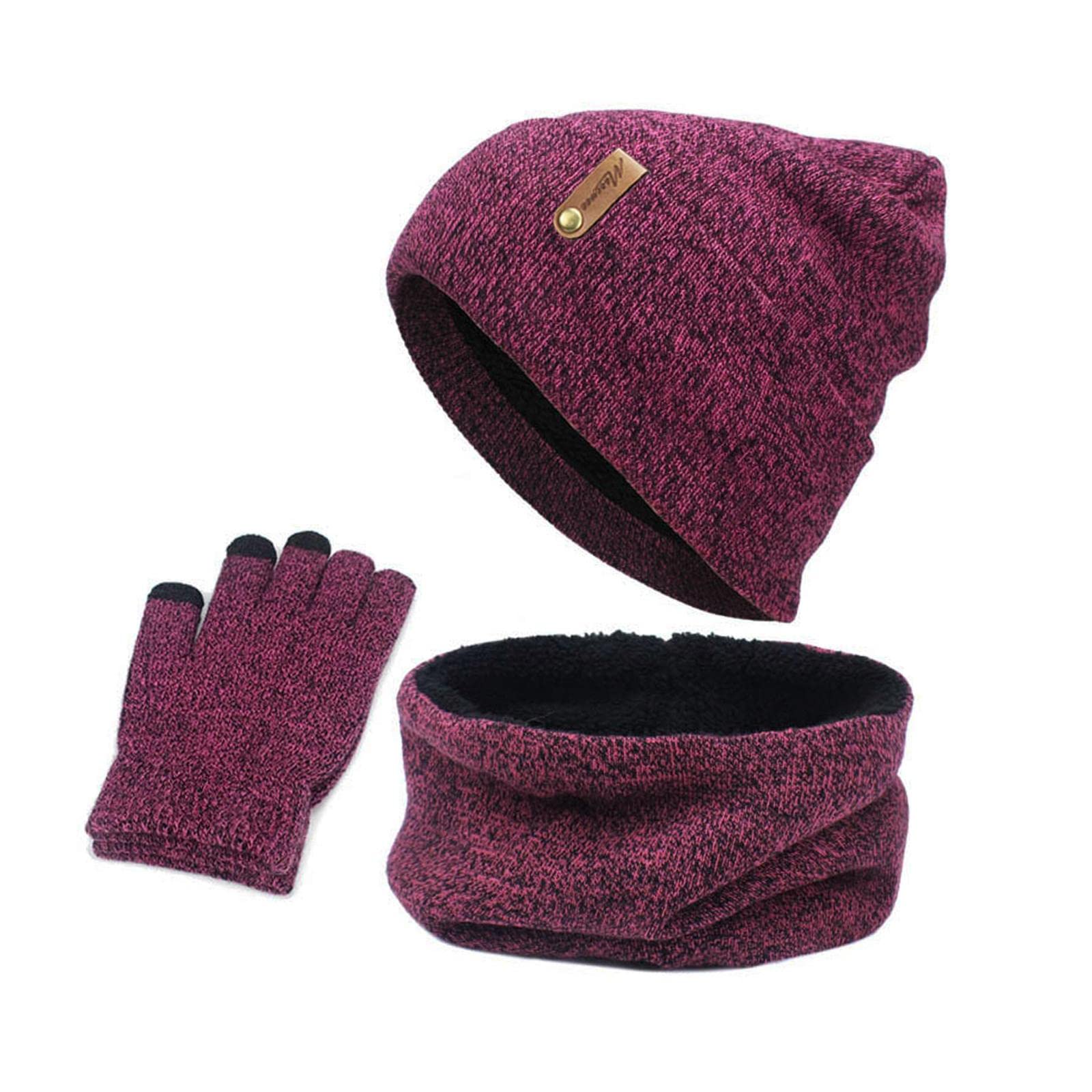 Women Winter Beanie Hat Scarf Hat Knitted Gloves Fleece Lining Rose red
