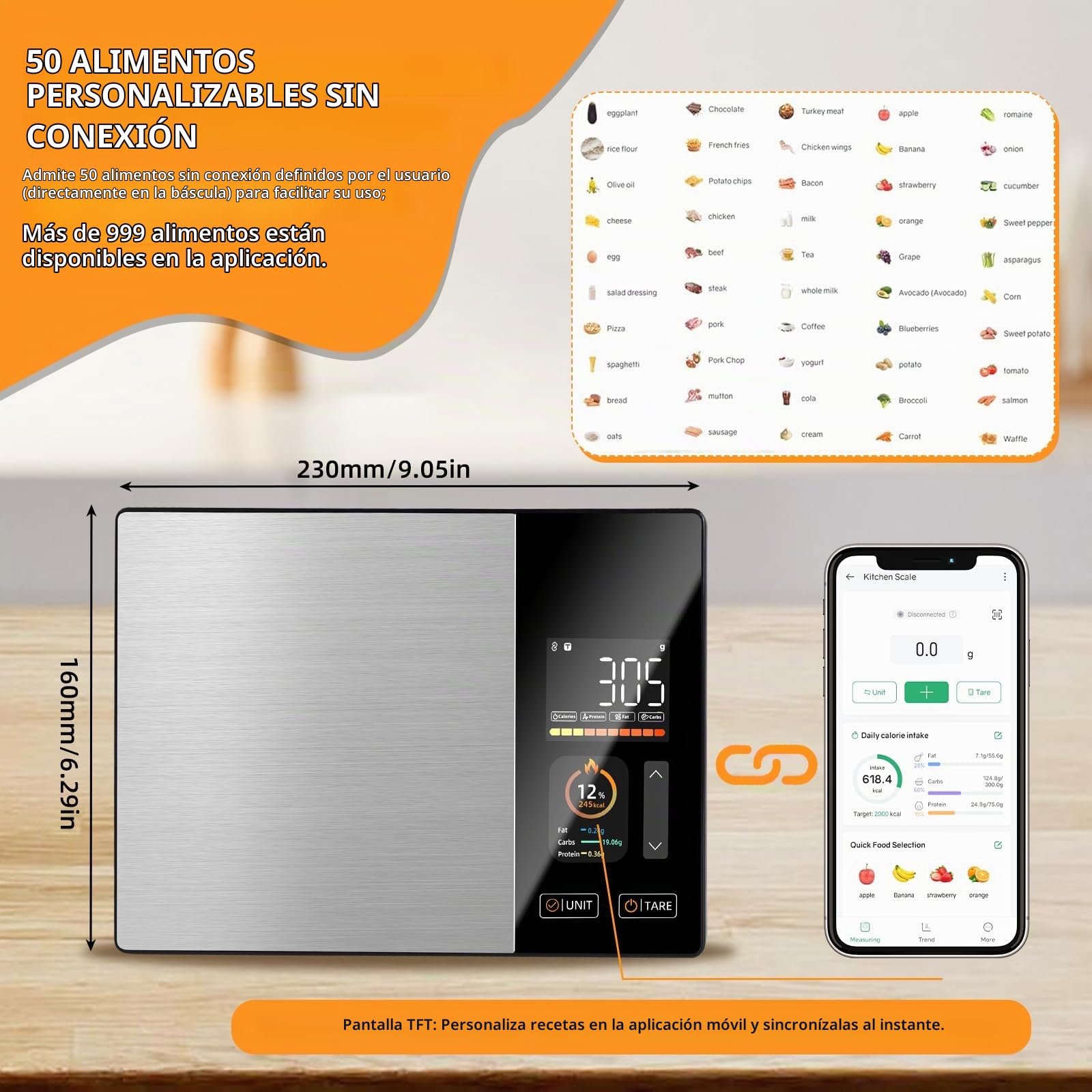 Báscula de cocina, báscula nutricional inteligente con cálculo nutricional, báscula de cocina inteligente con 24 análisis nutricionales, báscula de cocina con aplicación gratuita y Bluetooth, admite