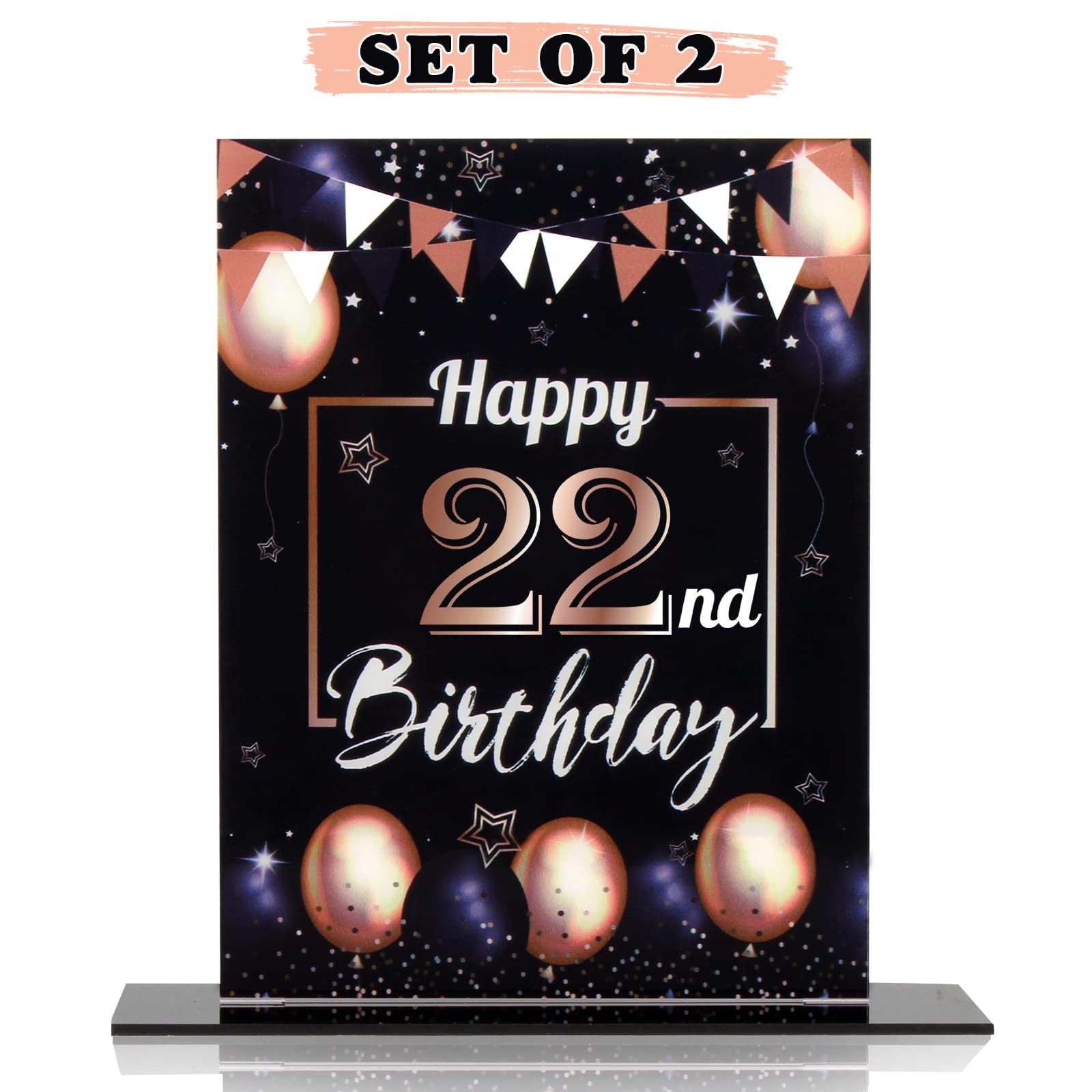 LINGTEER Birthday Decorations Balloon Stand Acrylic Table Centerpieces,Happy 22nd Birthday Printed Poster Centerpieces Backdrop Party Decorations. - Black Set of 2