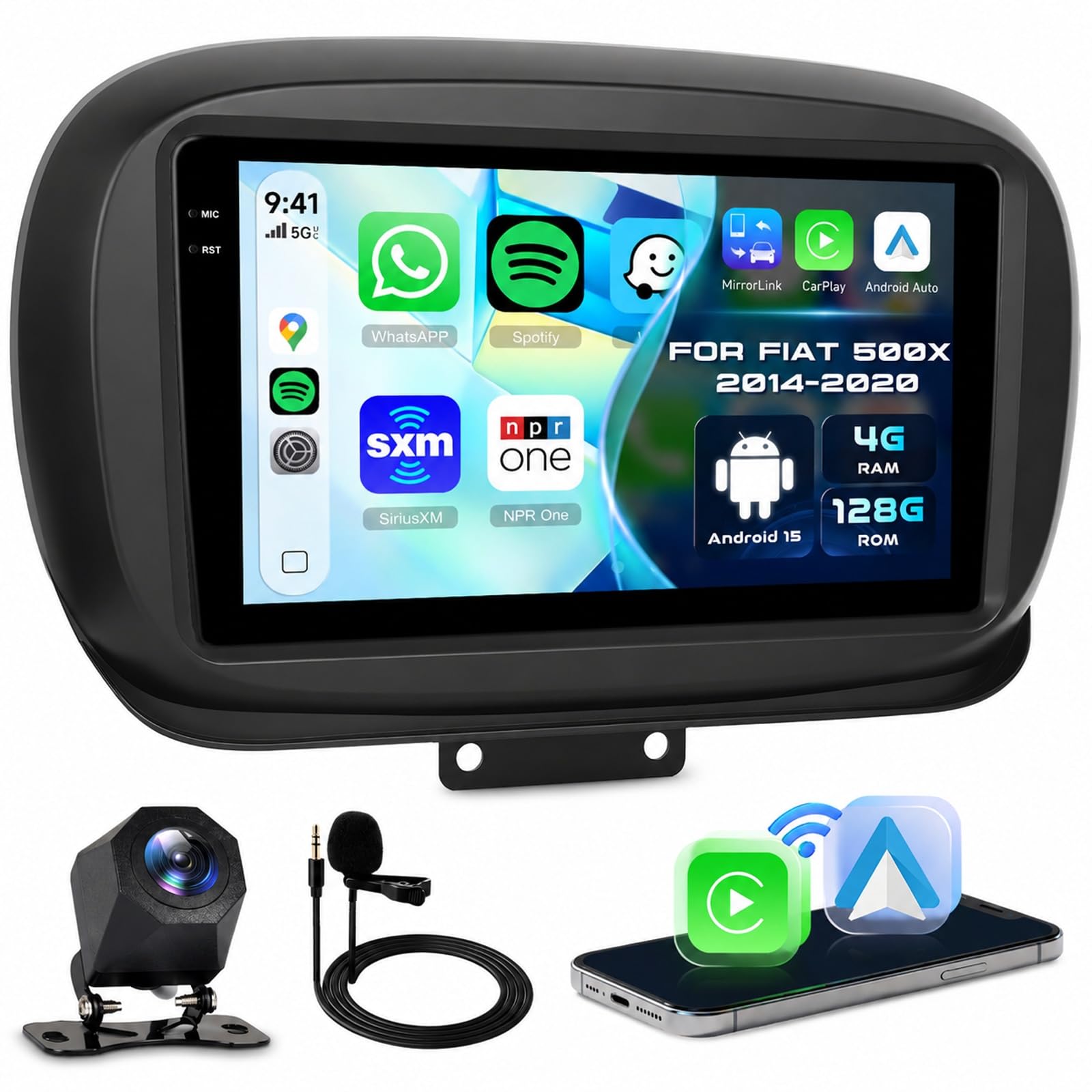 Radio de Coche 4 GB + 128 GB con CarPlay y Android Auto para Fiat 500X 2014-2020, autorradio con Pantalla táctil Incell de 9 Pulgadas, Bluetooth 5G-WiFi GPS EQ USB FM RDS SWC y cámara AHD