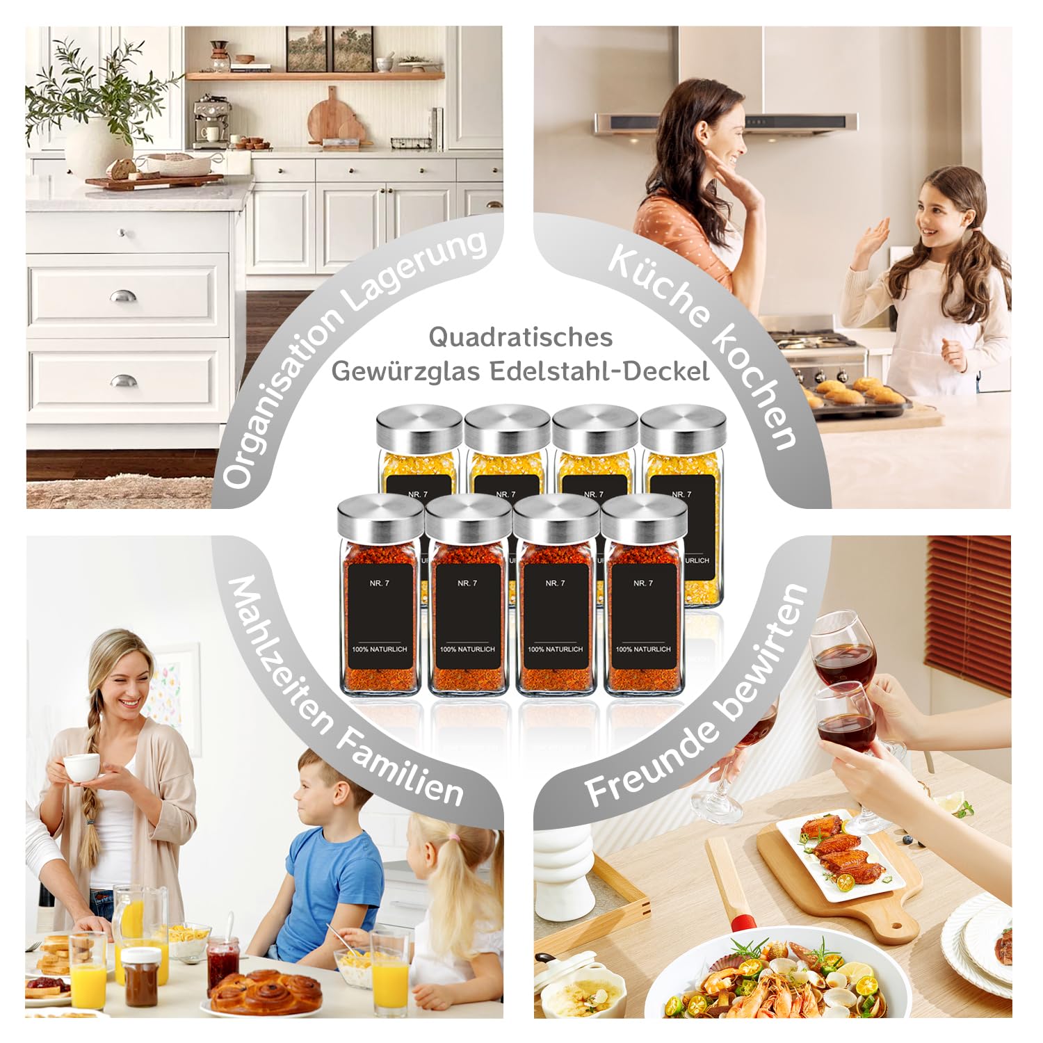 35 tarros de especias cuadrados, 120 ml botes especias cristal, con 120 etiquetas negras bellamente impresas, botes transparentes para especias cocina con tapa de acero inoxidable.