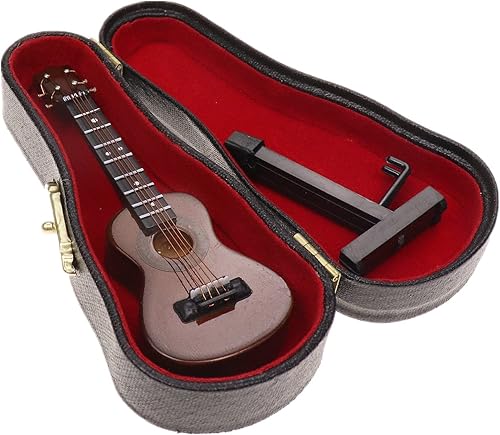 Miniatura 15 de Ukelele miniatura de madera con soporte y estuche, mini instrumento musical, réplica de ukelele, figuras coleccionables, modelo de decoración