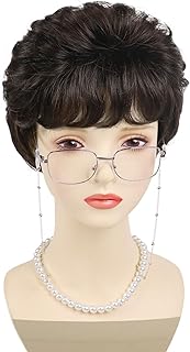 Synthetic Short Brown Wigs for White Women Curly Mommy Wig with Bangs Older Ladies Costume Mommy Daily Use Soft and Health Come with Wig,Glasses,Necklace,Chain