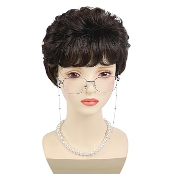 GNIMEGIL Synthetic Short Brown Wigs for White Women Curly Mommy Wig with Bangs Older Ladies Costume Mommy Daily Use Soft and Health Come with Wig,Glasses,Necklace,Chain