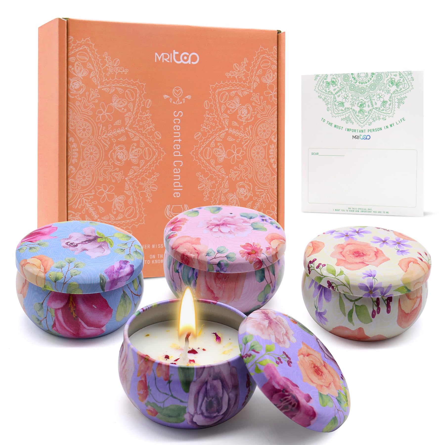 Scented Candles Gift Set for Women Soy Candles 4 Pack Natural Aromatherapy with Dried Flowers in Reusable Tins Relaxation Gift for Birthday Mother's
