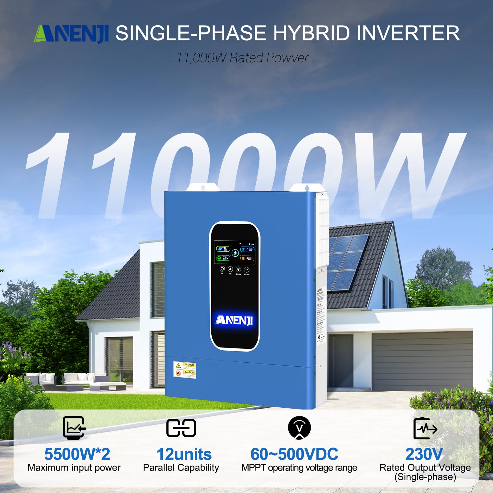 11000W Inverter ibrido 48V, 2 MPPT integrati, supporta 6 unità in parallelo, carica batteria max. 160A, può immettere energia nella rete, supporta il funzionamento senza batteria