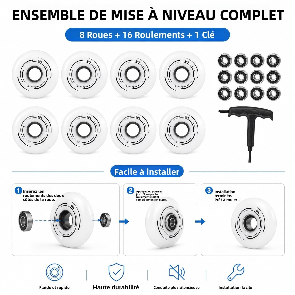 Roues de Inline Skate 72mm 76mm 80mm Lot de 8, Roues PU 85A à Haut Rebond, Résistantes à l’Usure, Antidérapantes, Forte Adhérence pour Entraînement Indoor et Fitness Outdoor (76mm)