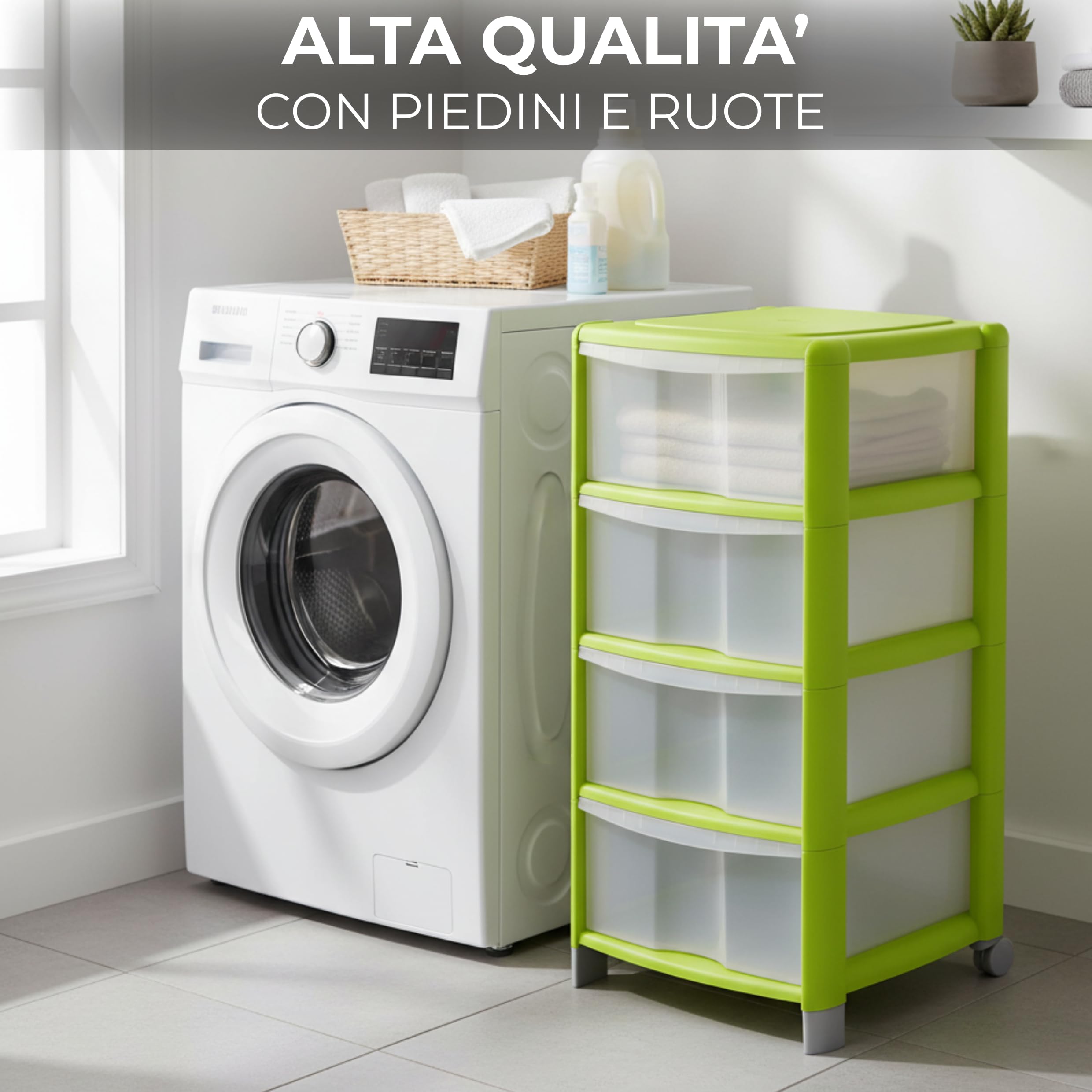 Cassettiera a 4 Cassetti Alta Design Moderno Multiuso con Piedini e Ruote Color Trasparente/Lime da Bagno,Ufficio,Camera,Ripostiglio 38,5x39,5xH86cm