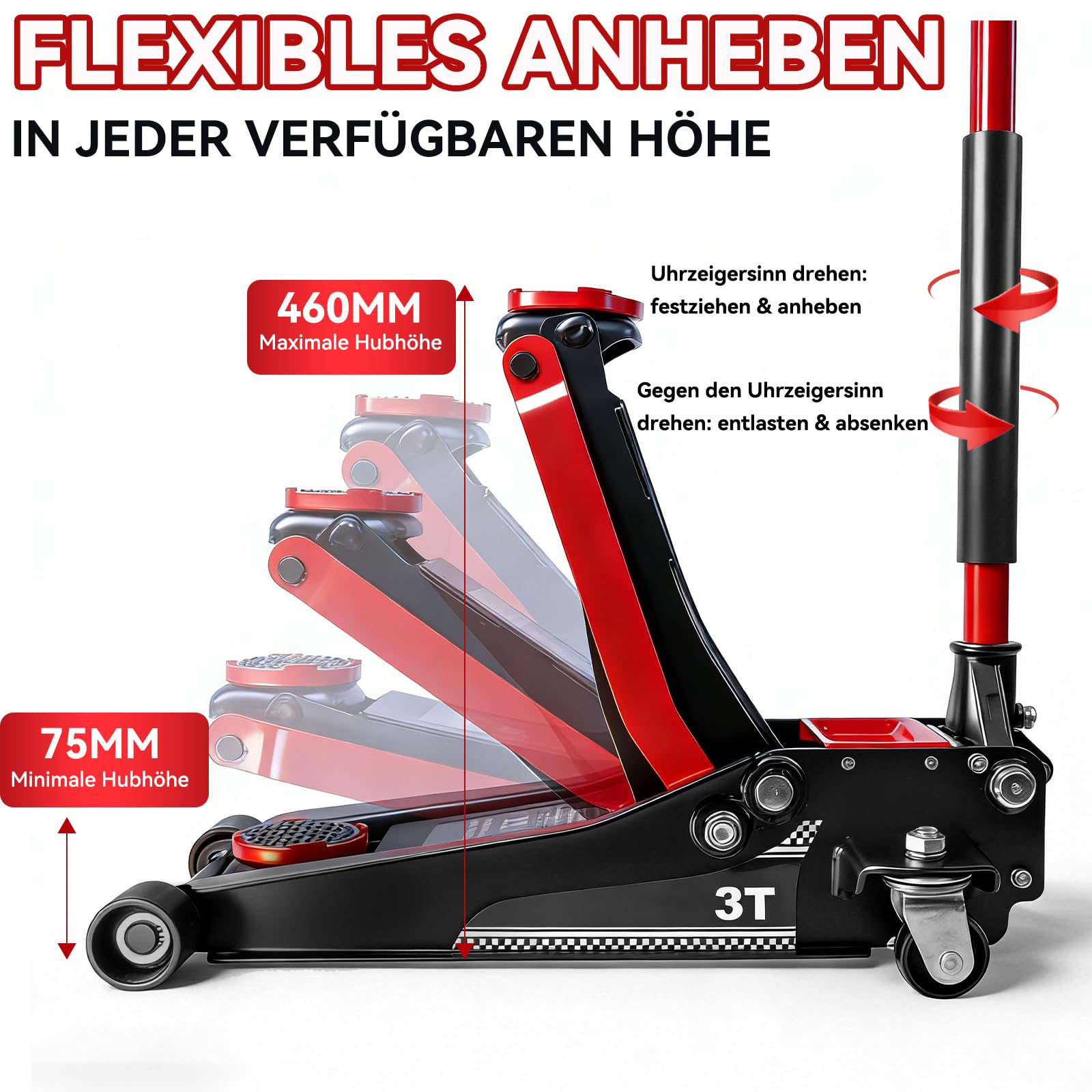 Warmfay Hydraulischer Wagenheber 3T, TÜV Geprüfter Profi Rangierwagenheber Flach 75-460mm Hubhöhe, Wagenheber Jack mit 360° Rollen, Doppelkolben & 2X Gummiauflagen, Ideal für SUV & Tiefergelegte Auto