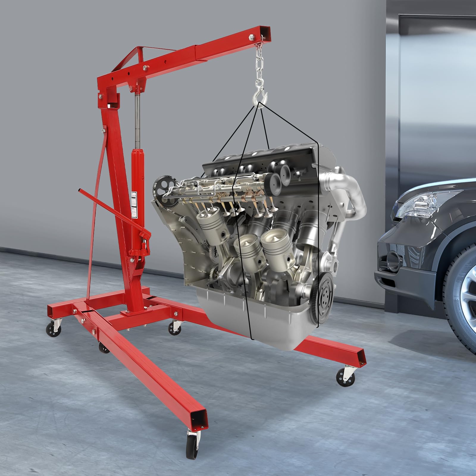 Sollevatore motore pieghevole 2t con 6 ruote – Carrello idraulico per officina e garage – Gru a motore con 4 livelli (0,5 – 2 t) e altezza massima 210 cm