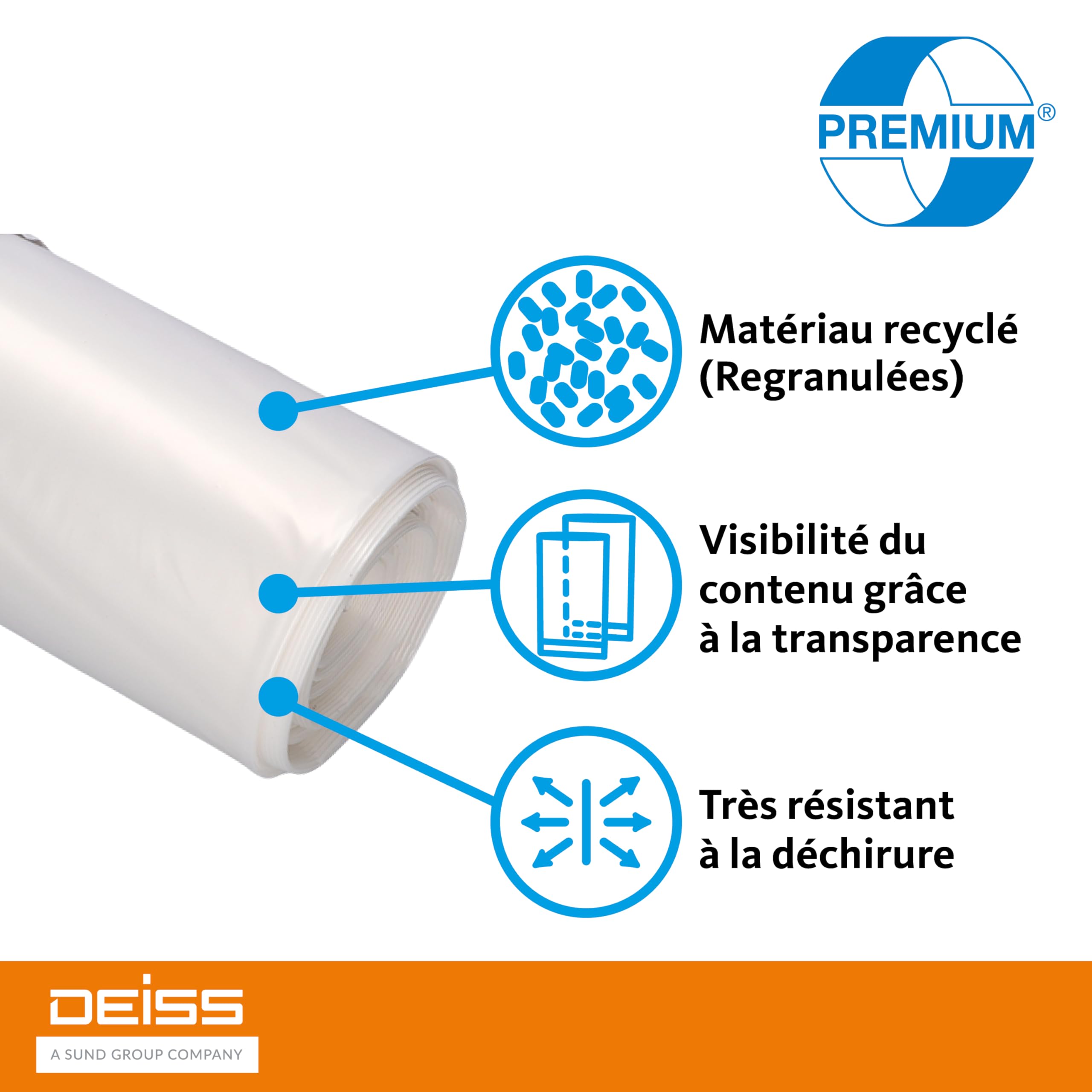 DEISS Sacs à déchets transparents 120L – 700x1100 mm – 70 µm – LDPE recyclé – 25 sacs/rouleau – haute résistance – pour restauration, nettoyage, industrie et collectivités