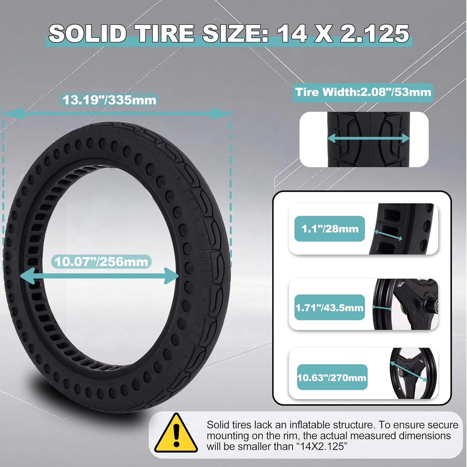 14x2.125 Solid Tire - 14 Inch 14x2.125 Electric Bike Tubeless Tire for E-Bike, E-Scooter and Electric Folding Bike - Rear/Front Wheel Replacement - Airless - Puncture-Proof - 1 Pack