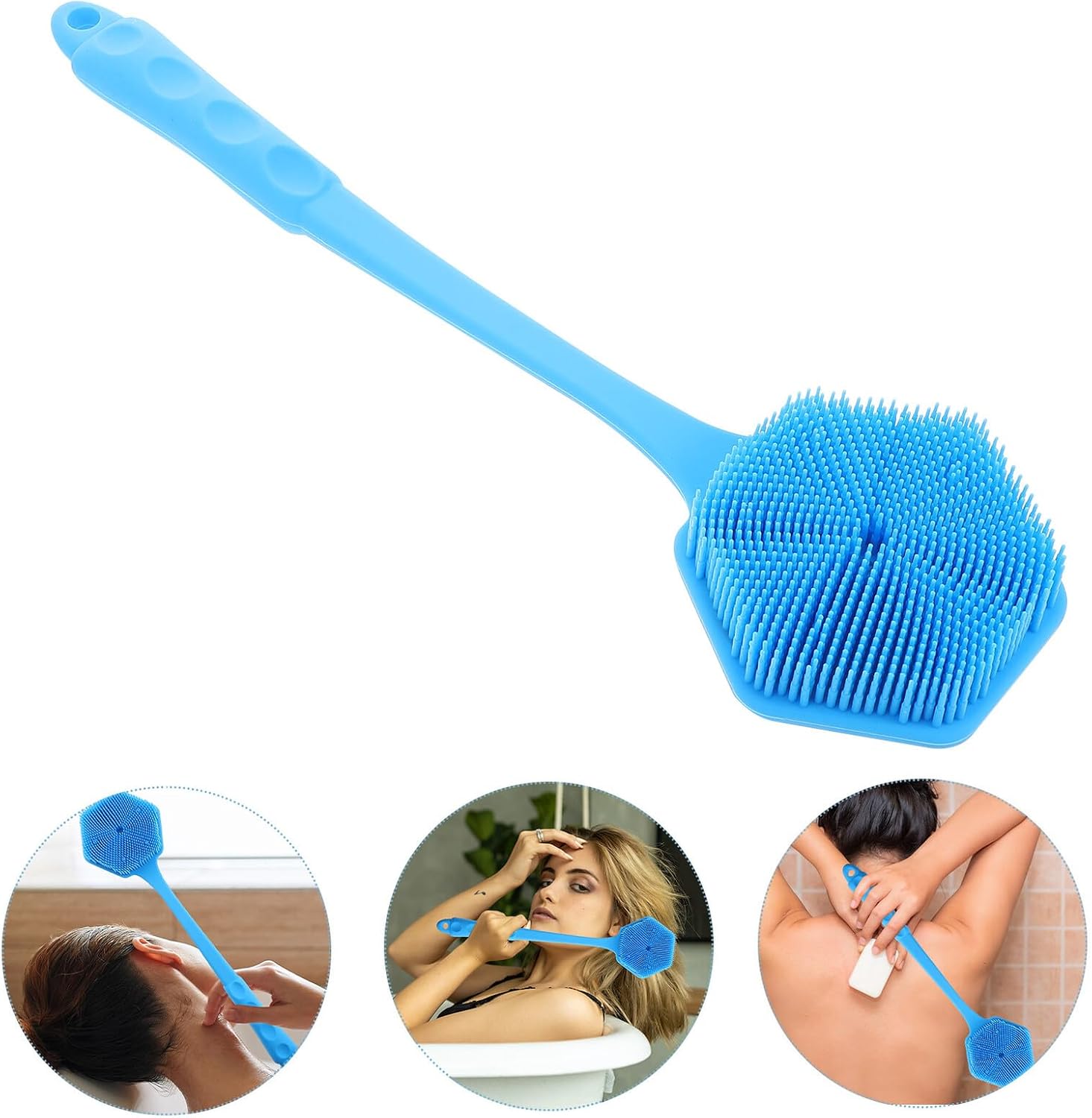 TEHAUX Silicone Back Scrubber and Long Handle Bath Brush for Shower, Double-Sided Body Massage and Exfoliating Brush with Soft Blue Hexagon Bristles, Portable Skin Cleansing Tool for Deep