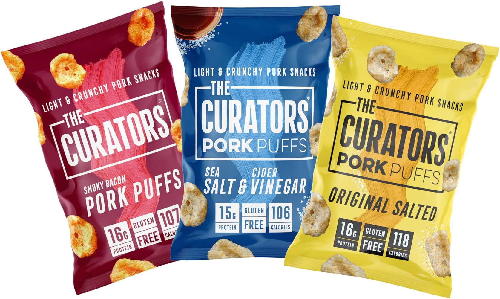 THE CURATORS High Protein Pork Puffs Variety Pack, Original Salted, Salt & Vinegar & Smoky Bacon, 22g (12 Packs) High Protein Crisp Low Carb Keto Gluten Free Savoury Snack