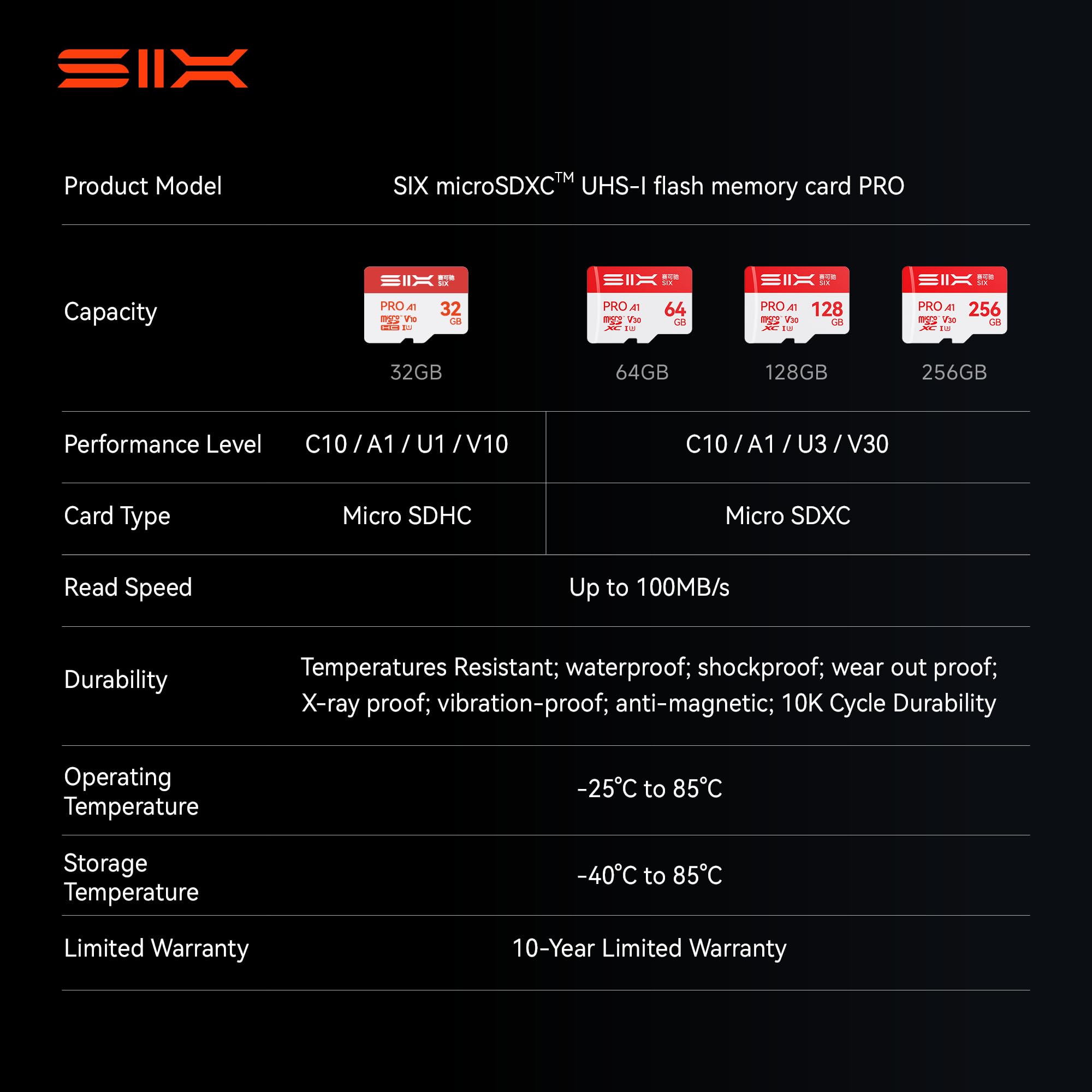 SIX Scheda Micro SD M100 256GB – Lettura fino a 100MB/s – A1, U3, V30, 4K UHD scheda di memoria microSDXC 256GB con adattatore per smartphone, tablet, dashcam, action camere, droni, console di gioco